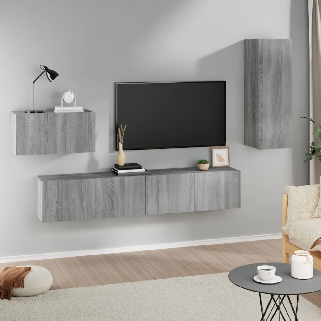 VidaXL Set Mobile TV A Parete Con Luci LED 4 Pezzi – Grigio Sonoma – Legno Multistrato – Mensole Porta Oggetti Modulari