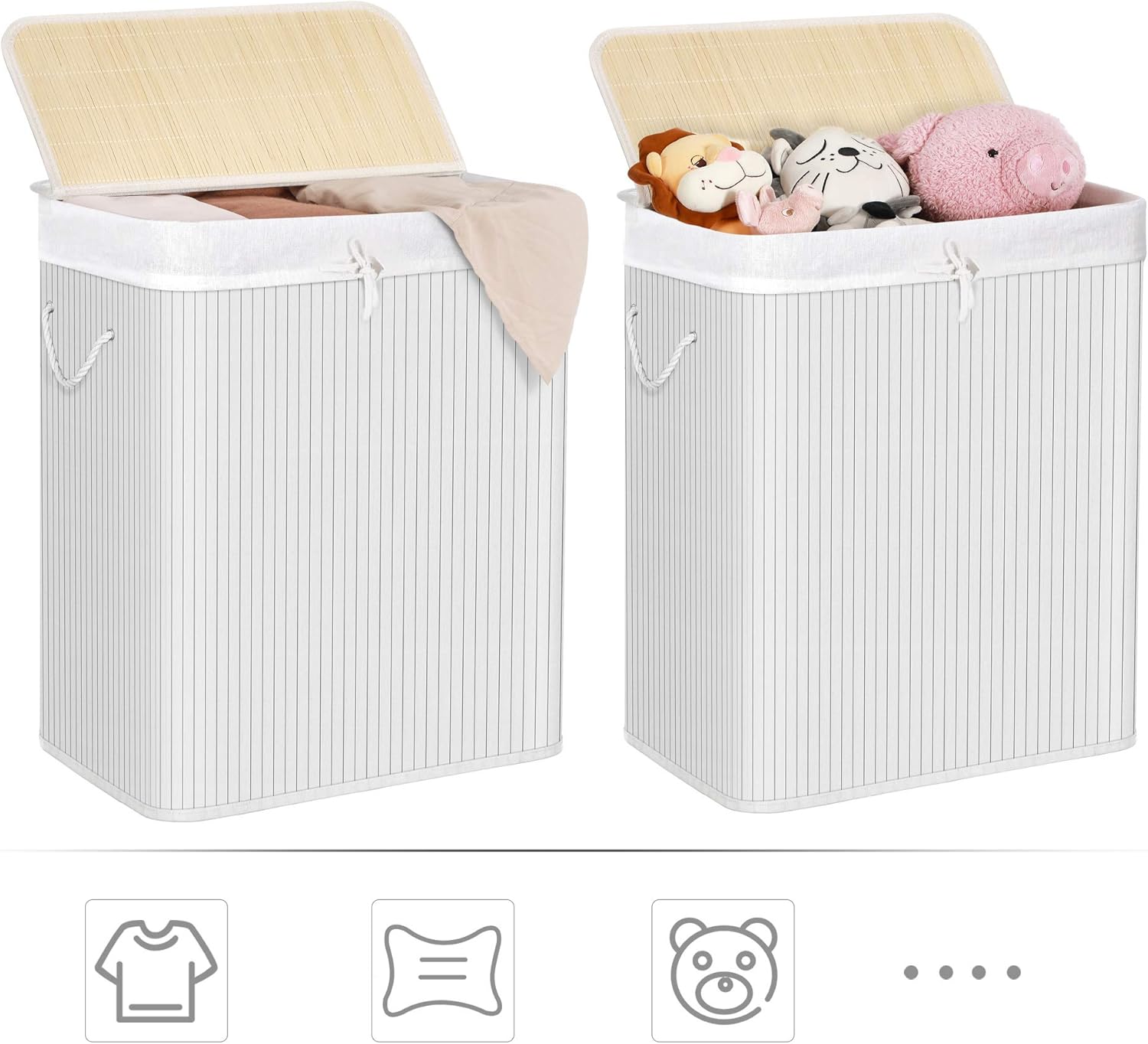 Cesta de lavandería con tapa, 2 compartimentos, de bambú, con bolsa extraíble lavable, 100 l, para colada, dormitorio, blanco - 7