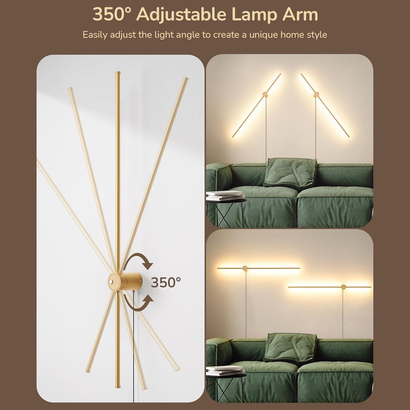 Lot de 2 appliques murales LED 60 cm, lampe de chevet rotative à 350°, éclairage décoratif d'intérieur, 3 températures de couleur réglables, doré - 6