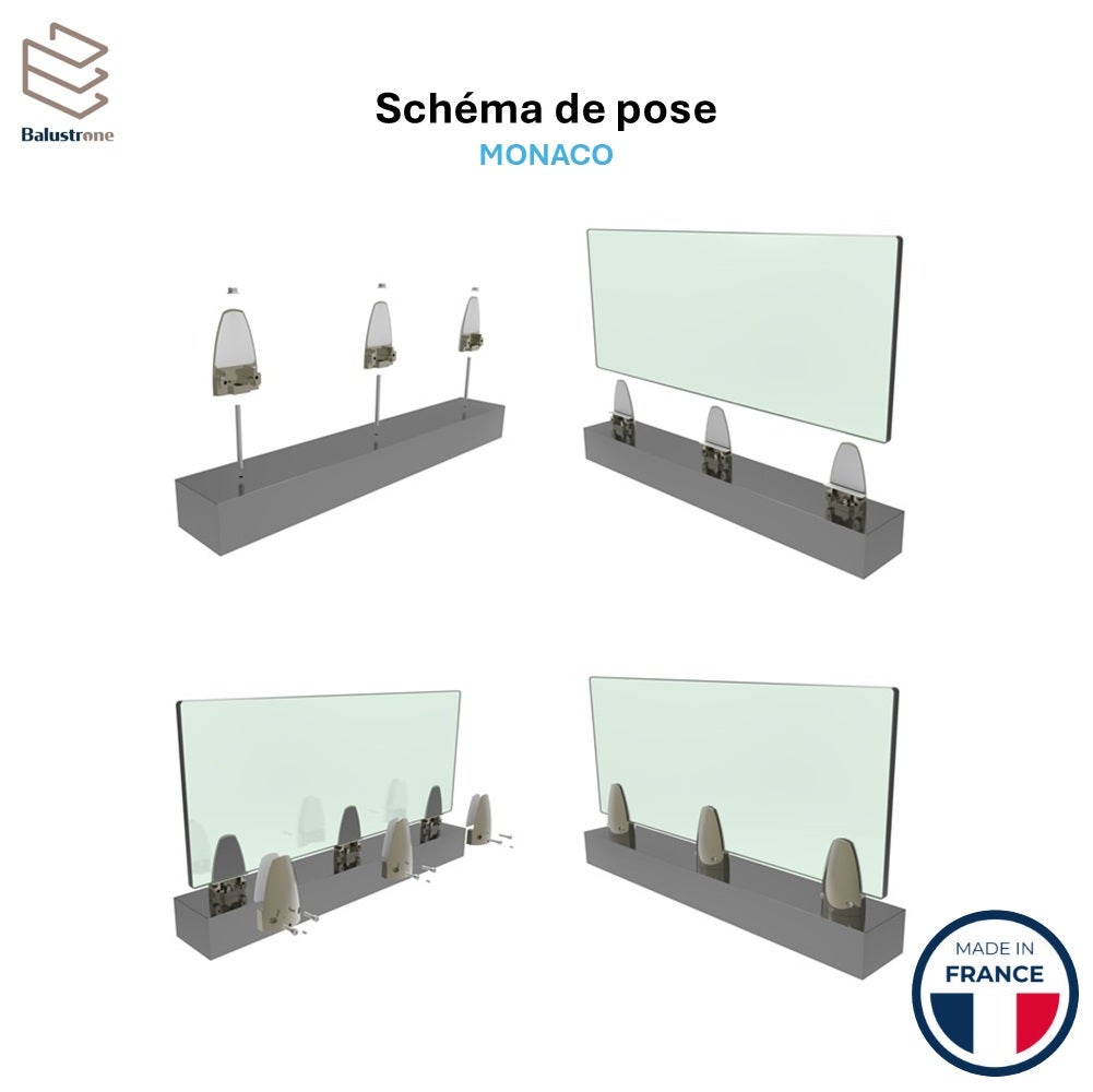 Garde-corps en verre feuilletée et trempée 17 mm, kit de 1 ml, pose sur pinces aluminium, MONACO - 8