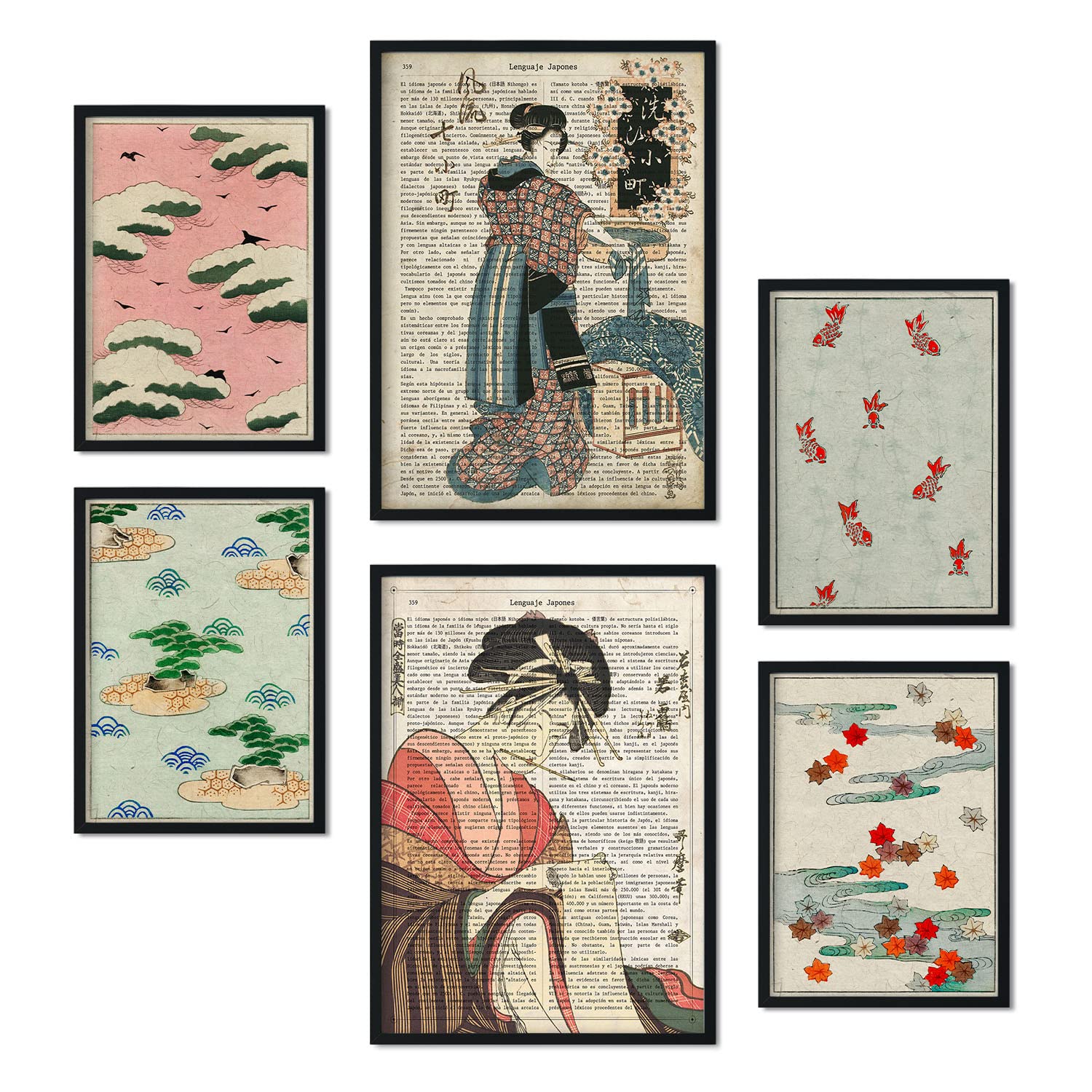 Set de 6 posters de japon. coleccion de láminas con estetica collage para la tamanos a3 y a4 sin marco