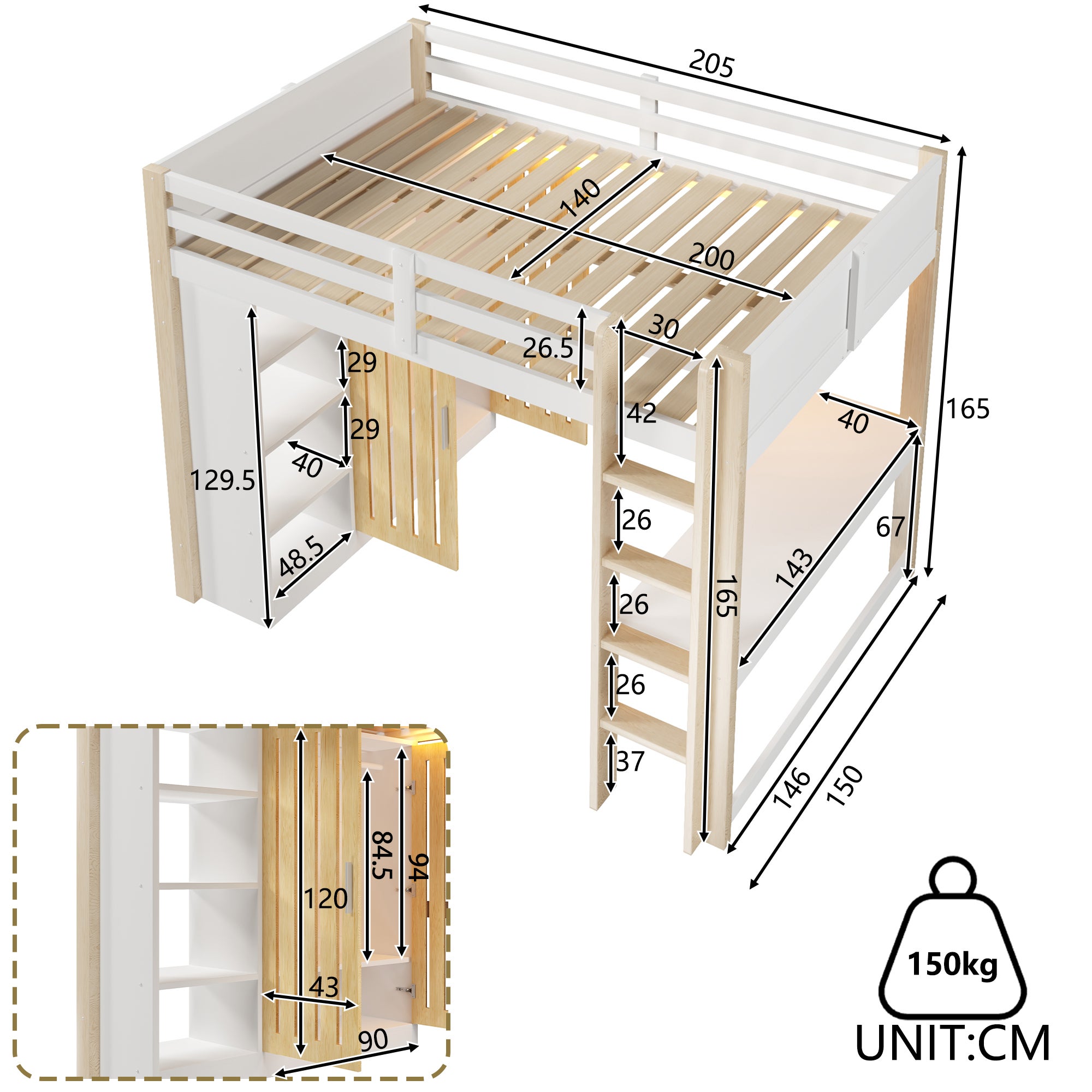 Lit mezzanine 140 x 200 cm avec armoire, étagère et bureau - Pin + MDF + contreplaqué - LEDs - Blanc et naturel (Sans matelas) - 6