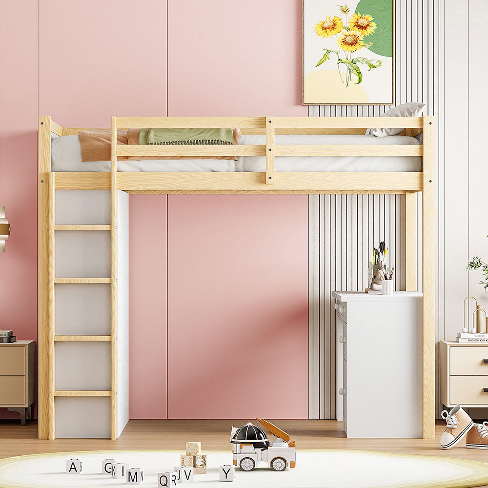 Lit Superposé Enfant 90x200 Cm Bois Massif - Motifs Lapins/carottes, 2 Tiroirs, échelle Rangement, Sommier à Lattes - Blanc/Rose