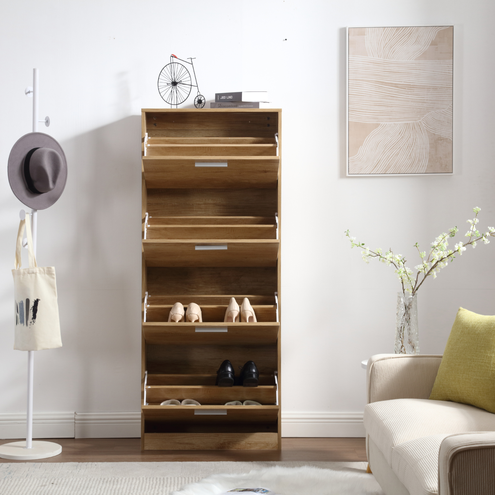 Meuble à chaussures gain de place 4 portes Double étagères cm 63x24x155 en bois pour entrée Slim, Chêne - ZIK - 9