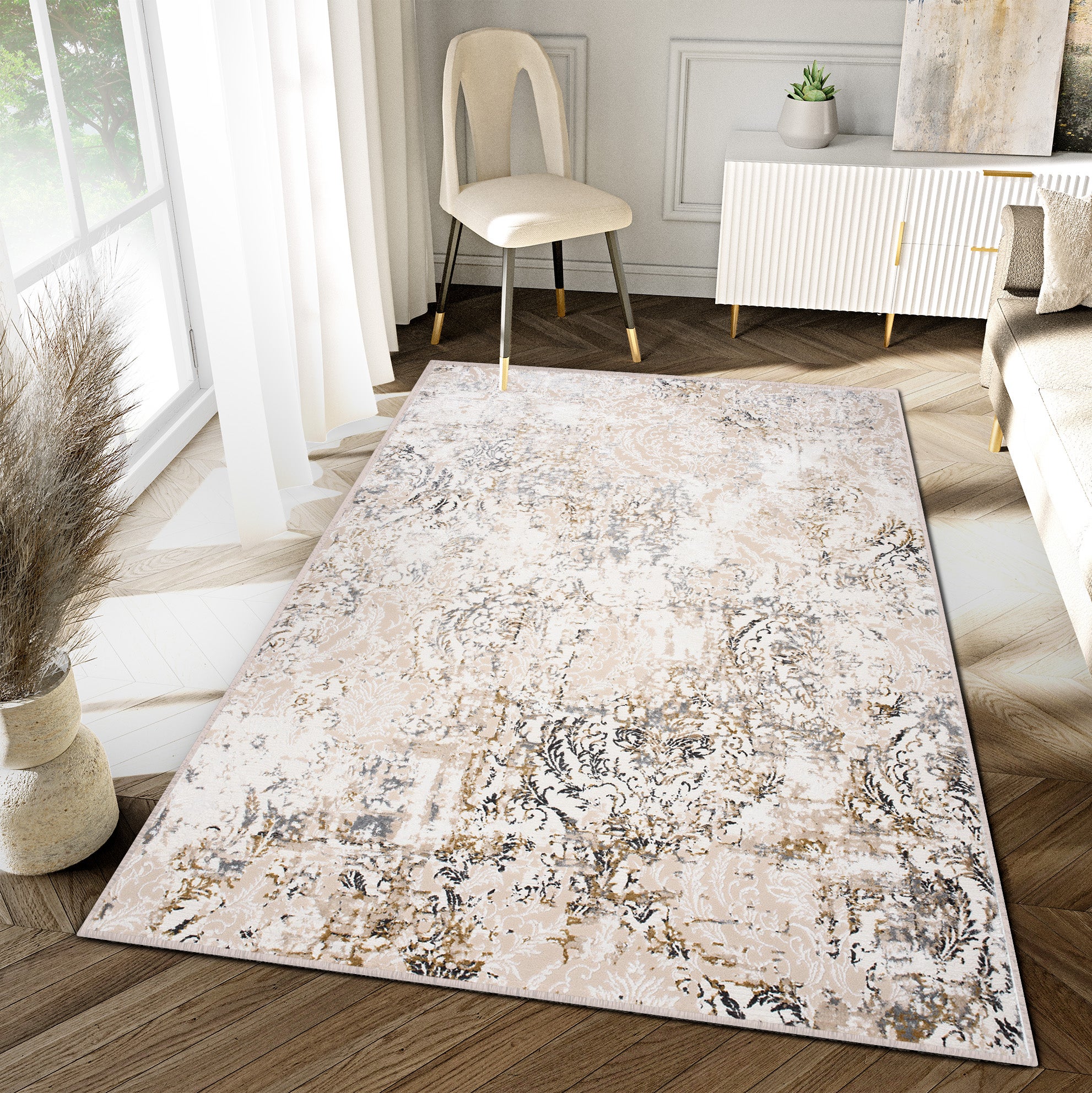 Tapiso hera alfombra de pelo corto brillante efecto 3d crema beige gris diseño clásico vintage oeko-tex 160 x 230 cm