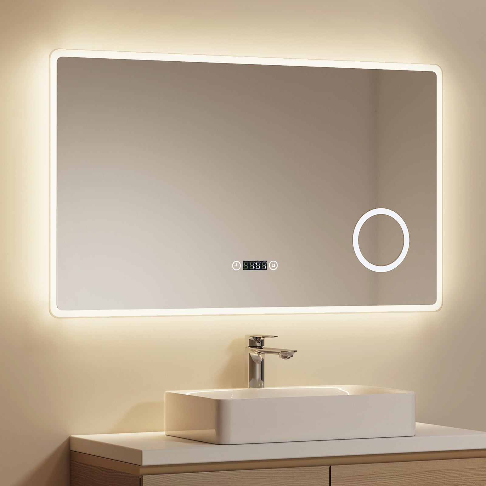 EMKE Lustro łazienkowe z oświetleniem LED 100x60 cm, z 3 barwy światła, możliwość ściemniania, Zegar, 3-krotne powiększenie, funkcja pamięci