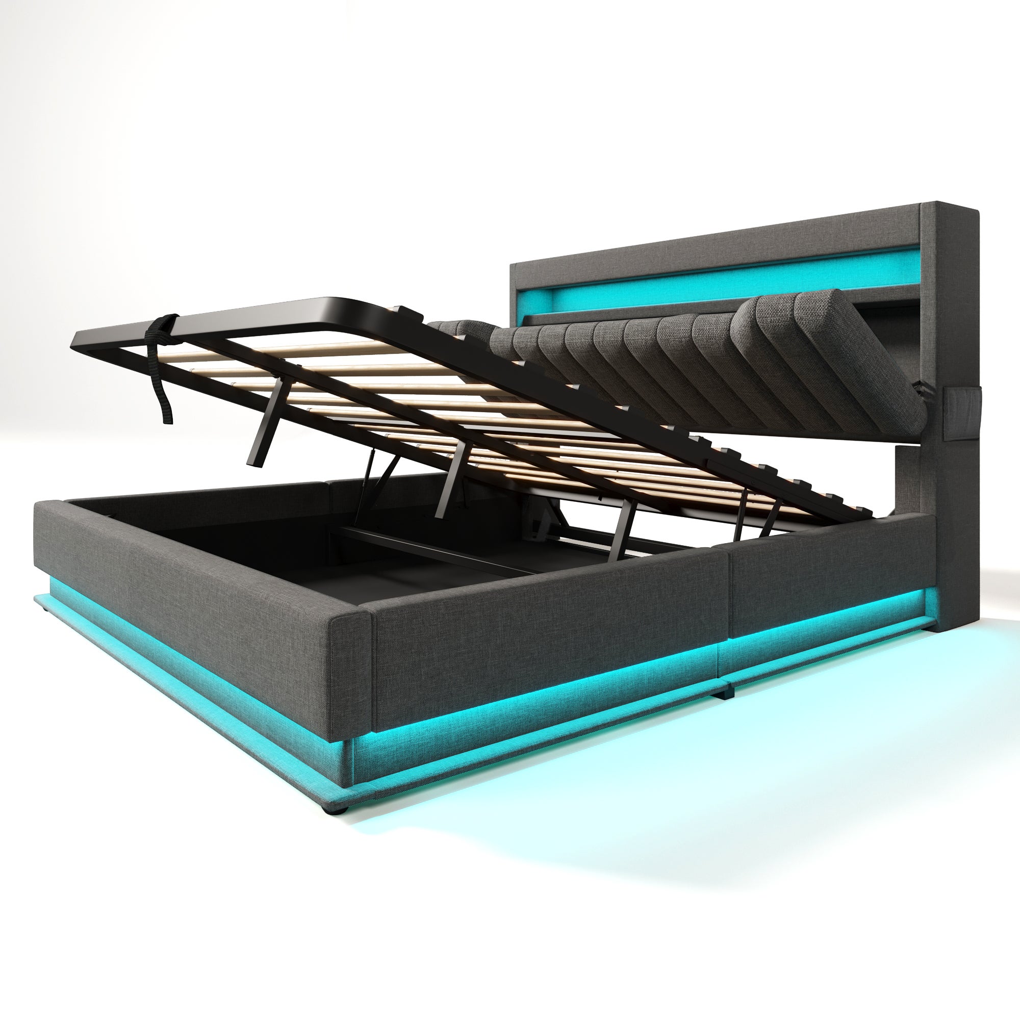 Cama con almacenaje tapizada 140x200cm - con LED - con puertos USB y Tipo C - Tejido de lino - Cabecero con espacio de almacenaje - Gris - 7