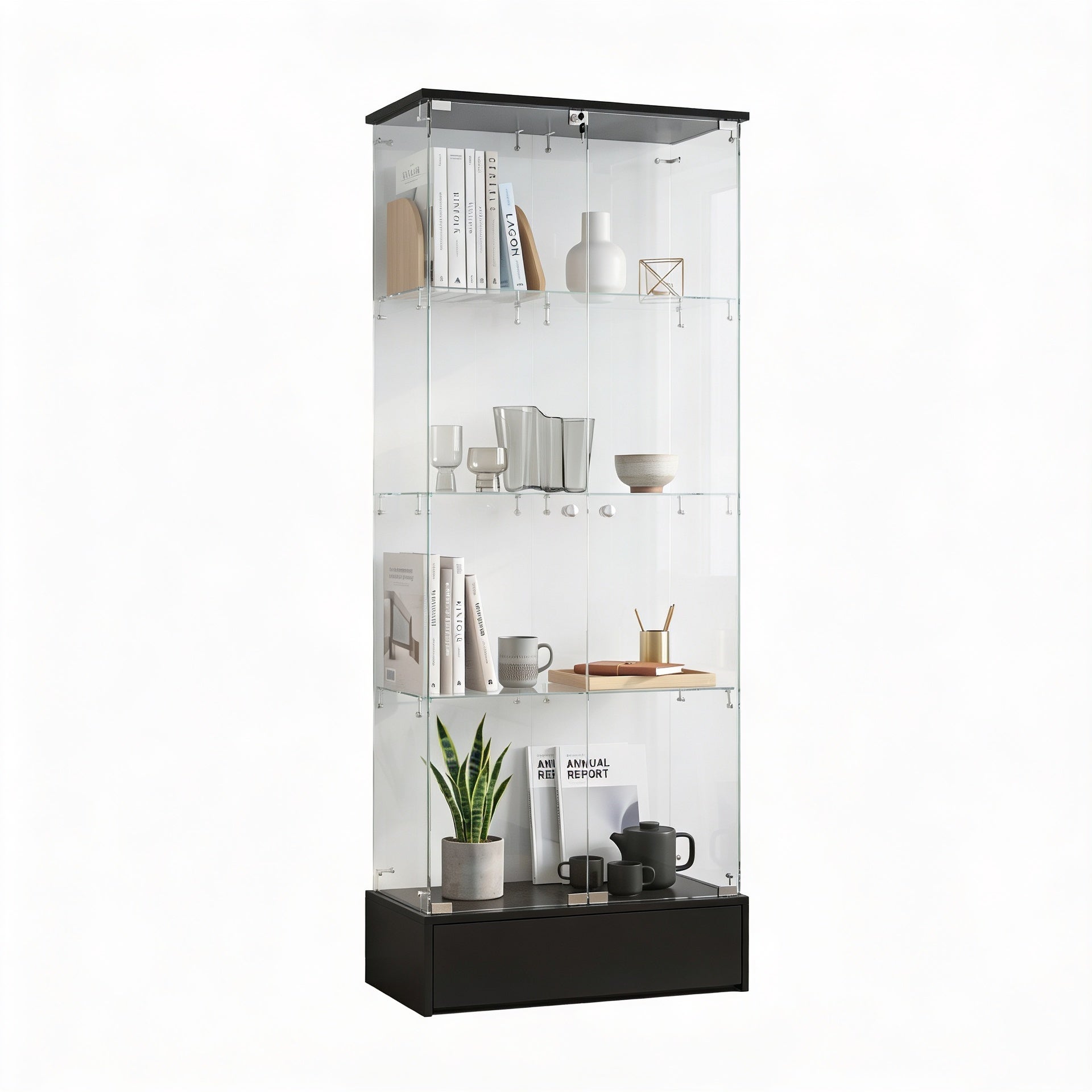 Vitrine en verre avec 4 étagères, 2 portes, LED, armoire de collection