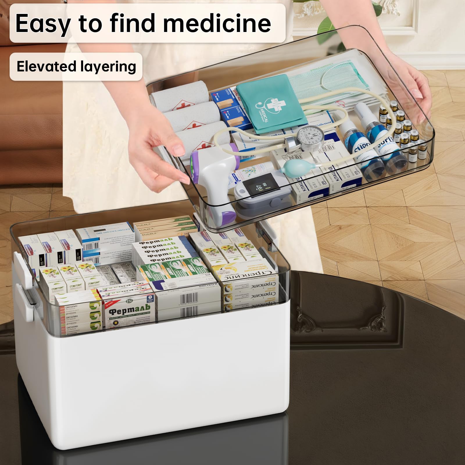 Boîte à pharmacie portable de grande capacité, boîte de rangement avec poignée en cuir, résistante à l'humidité,adaptée à la coiffeuse (trois couches) - 5