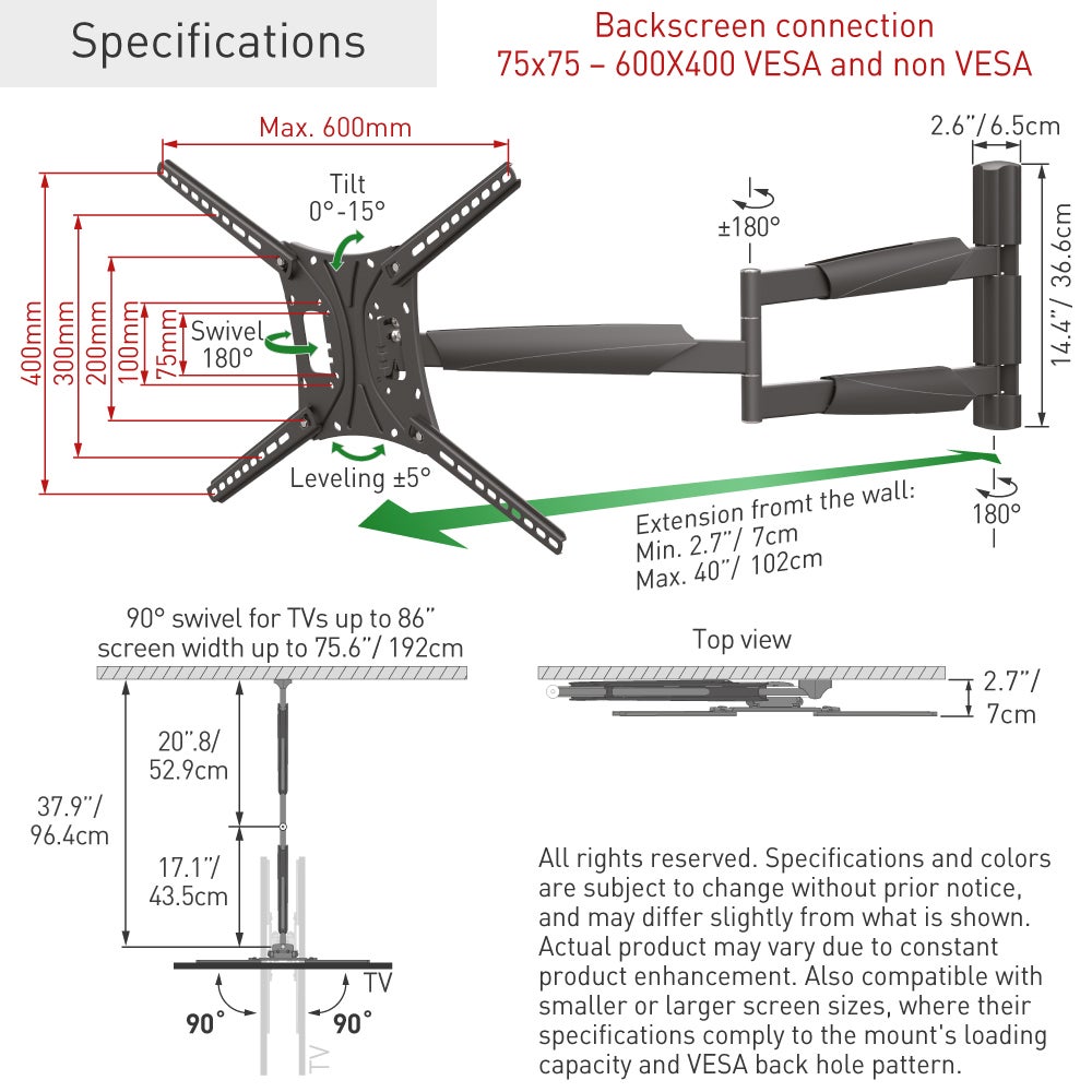 Barkan Longueur 102cm Support TV Mural pour écrans 13 - 86 Pouces, Inclinable et orientable, Mouvement Complet, Poids max. 60Kg, extra extensible, pou - 8
