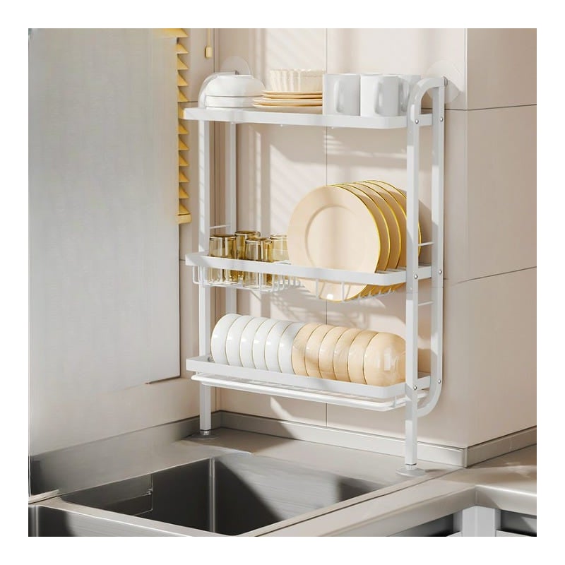 Wąska, minimalistyczna suszarka na naczynia, wielofunkcyjna półka kuchenna, wielopoziomowa suszarka na naczynia, bez wiercenia, biała