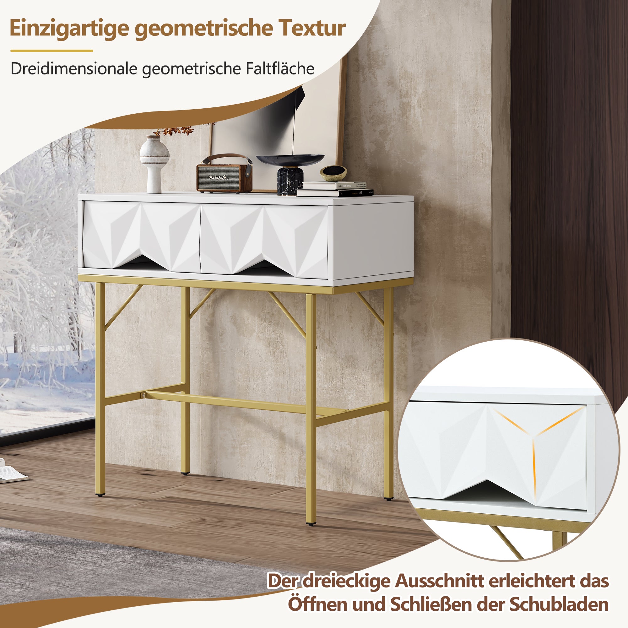 Table console moderne avec 2 tiroirs - 80 x 40 x 80 cm - MDF - pour salon, couloir - blanc + or - 6