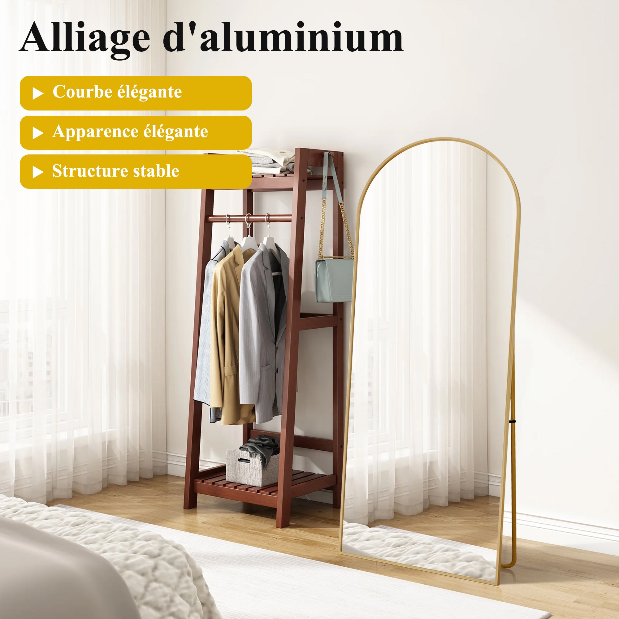 Miroir sur pied Arqué 164 x 54cm, Miroir Intégral avec Cadre en Alliage d’aluminium, Grand Miroir pour Chambre, Salon, À suspendre ou s'appuyer, Doré - 4