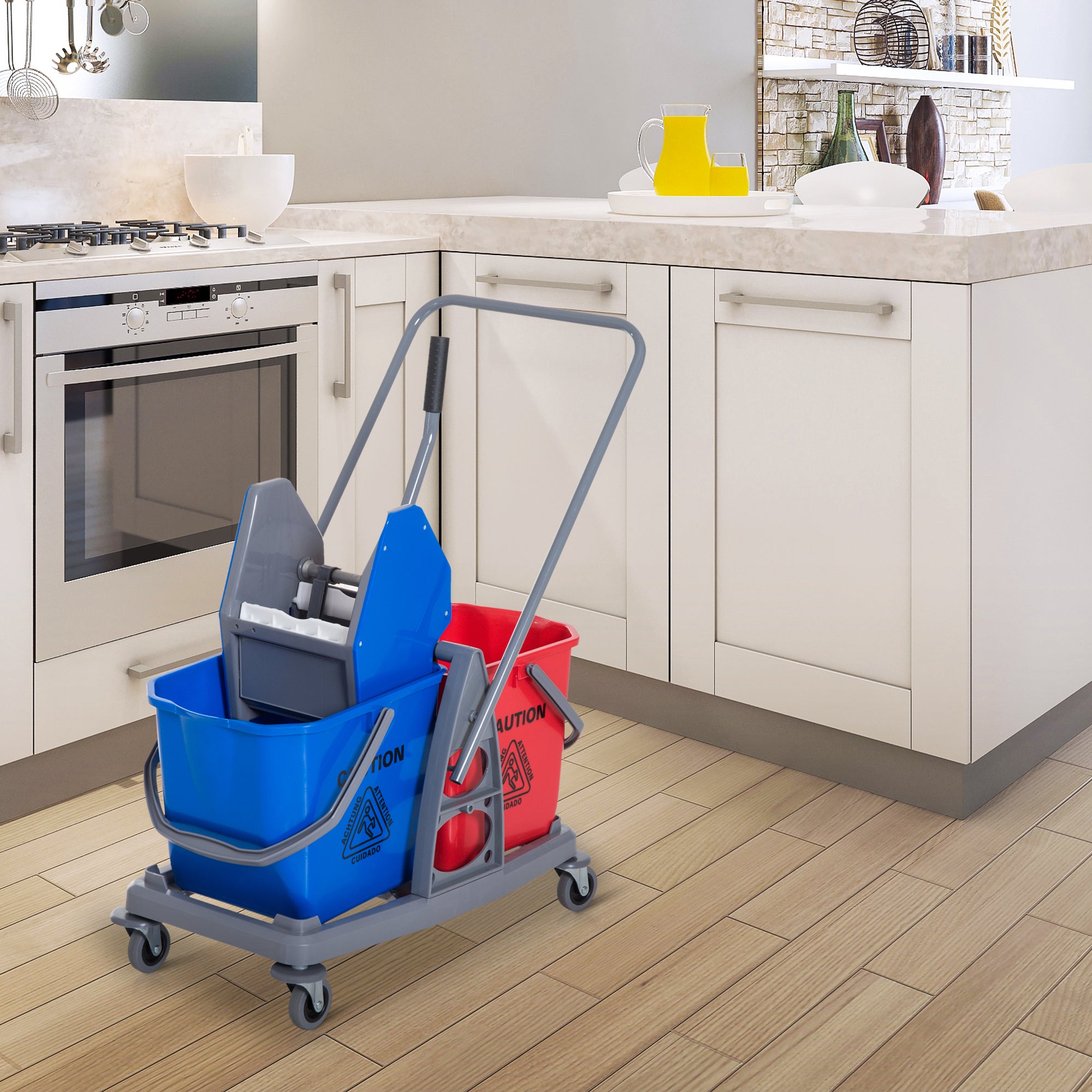 Chariot de lavage - chariot de nettoyage - HOMCOM - professionnel presse mâchoire 2 seaux 25 L mobile - plastique - gris bleu rouge - 2