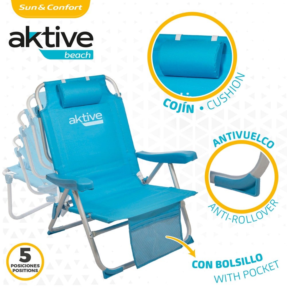 AKTIVE Sedia da spiaggia pieghevole 49x58x80 cm, con cuscino, sedia zaino pieghevole, schienale reclinabile, con due tasche, blu pastello (53983) - 3