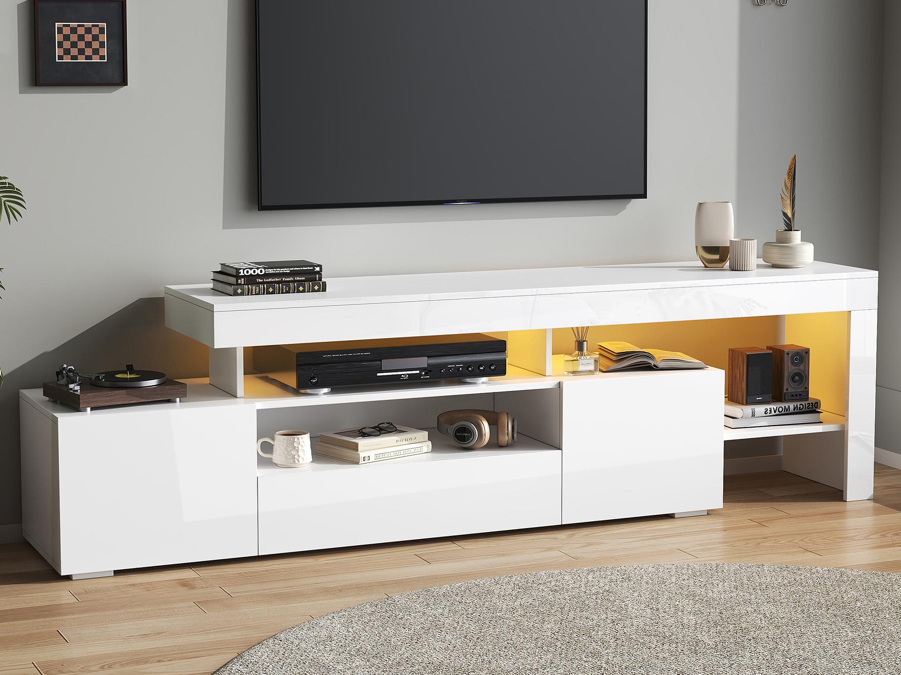 Stolik pod TV 192x37x53 cm - 3 drzwi otwierane - z oświetleniem LED - Półotwarta przestrzeń do przechowywania - Wykończenie błyszczące - Biały