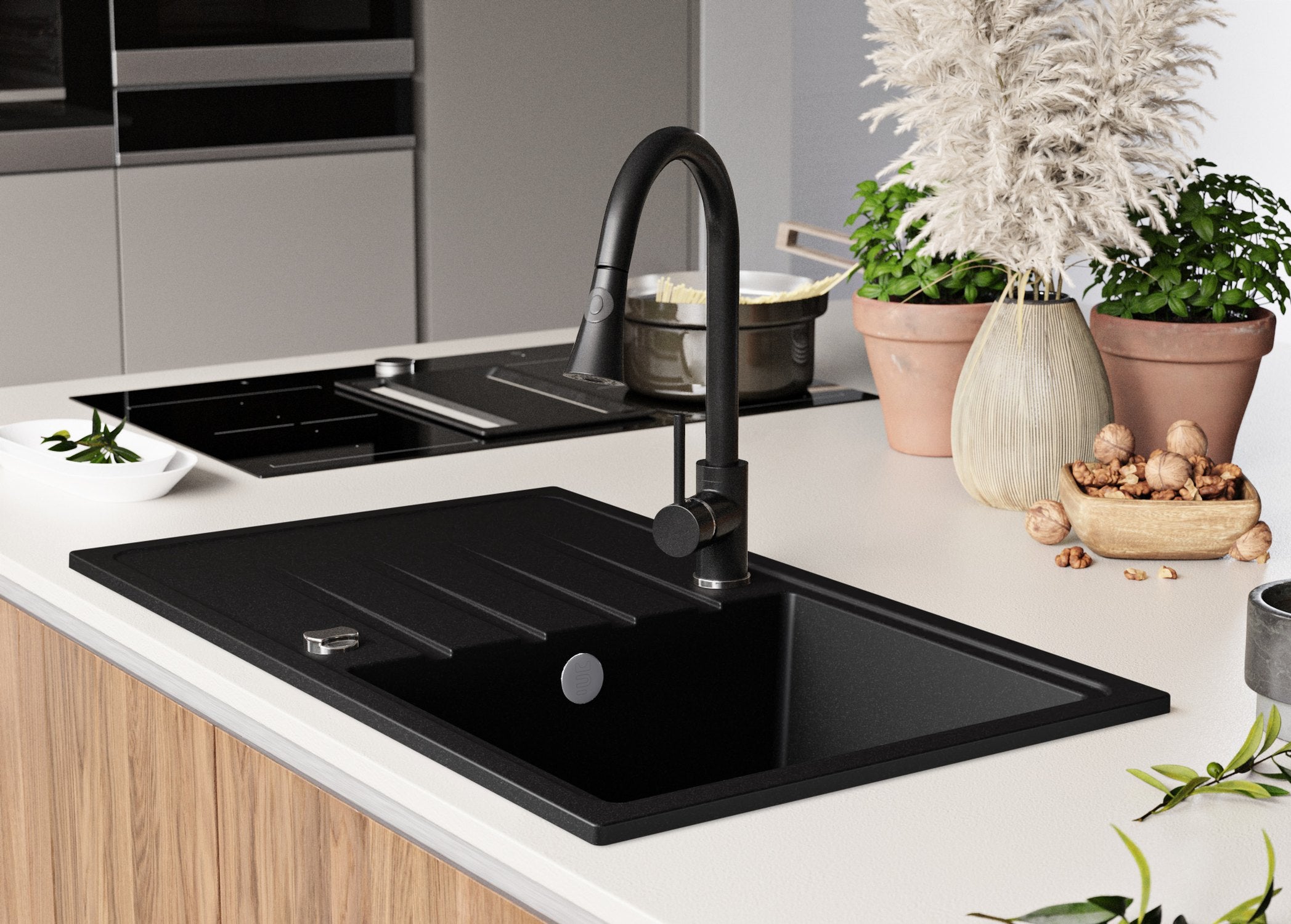 Evier Cuisine en Granit Tout Noir 78x50cm, Lavabo 1 bac + Robinet 32x20cm + Kit de Vidage, Évier à Encastrer au meuble 45cm - Milan PRIMAGRAN - 9
