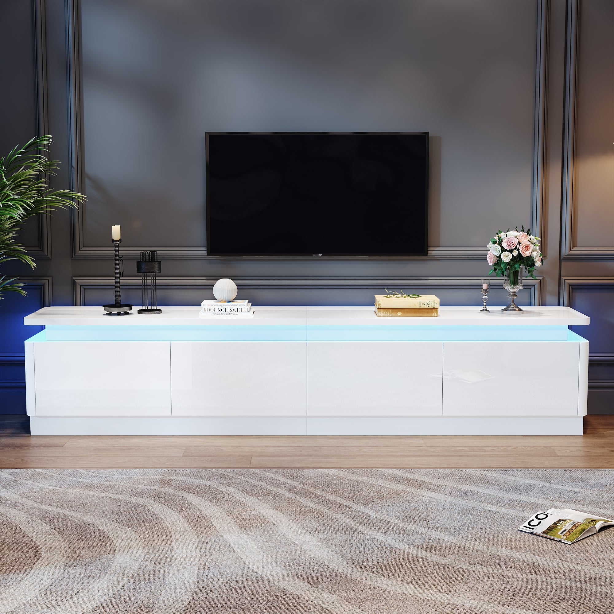 Stolik pod TV 180x34x40cm - z 4 szufladami - z oświetleniem LED - wykończenie błyszczące - kolor biały - 3