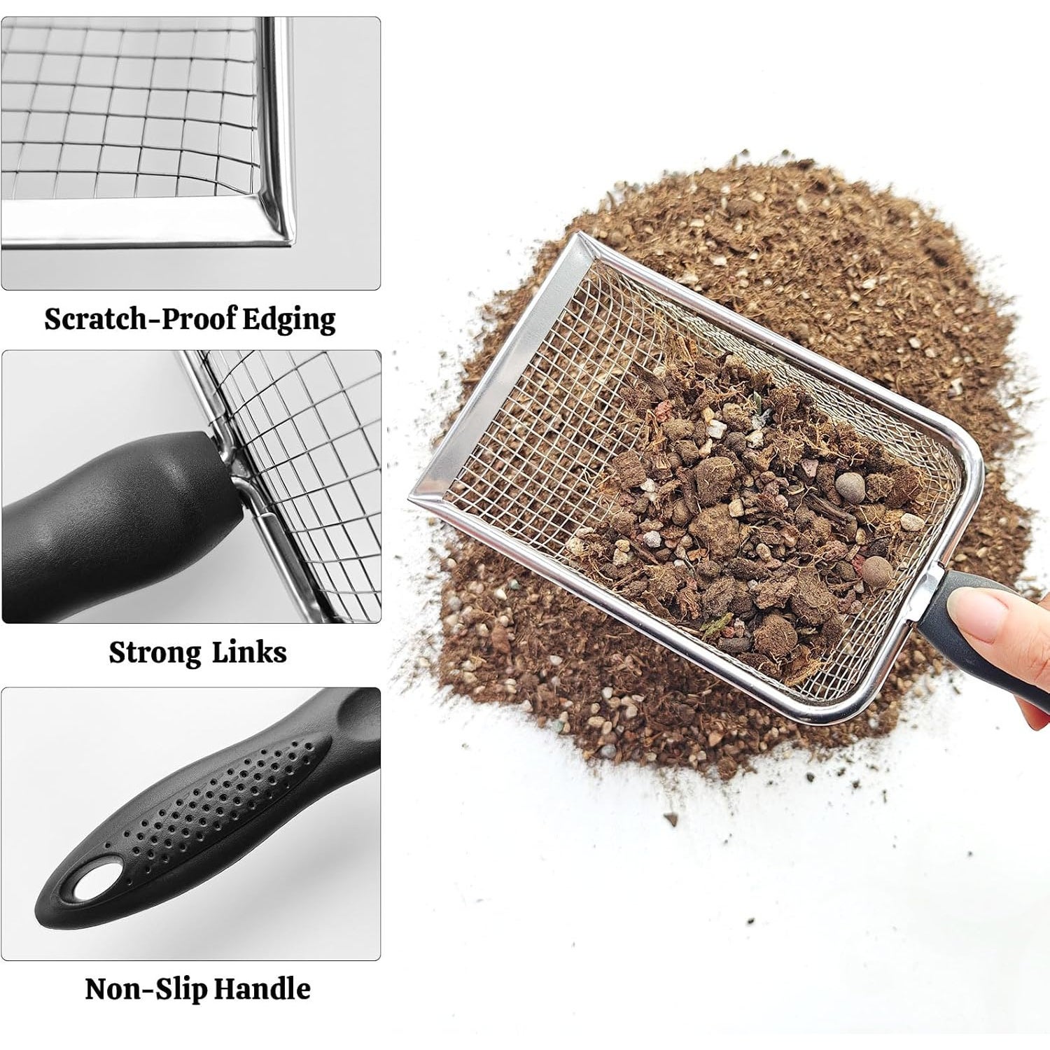 Lot de 2 tamis de jardin en métal, mailles de 3,8 mm et 5 mm, pour sable, roches, terre, feuilles et sciure - Tamis de jardinage en métal durable - 4