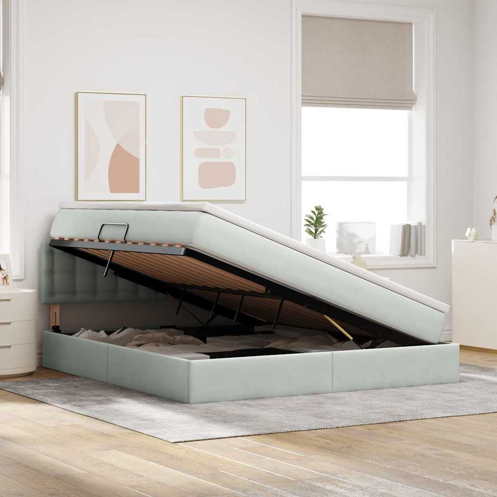 Lit de rangement avec matelas gris clair 160 x 200 cm velours - 4