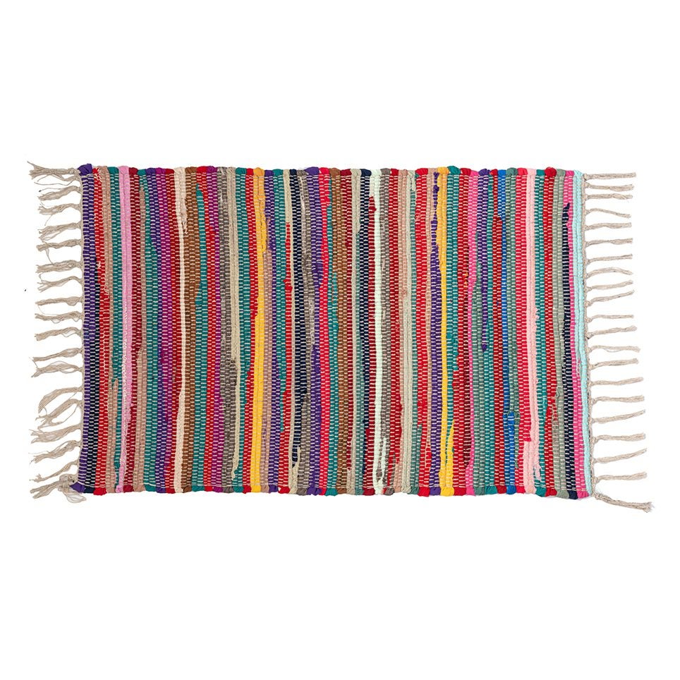 Alfombra Jarapa De Algodón 50x75 Cm - Estilo Hindú Boho, Azul Con Flecos, Lavable A Máquina