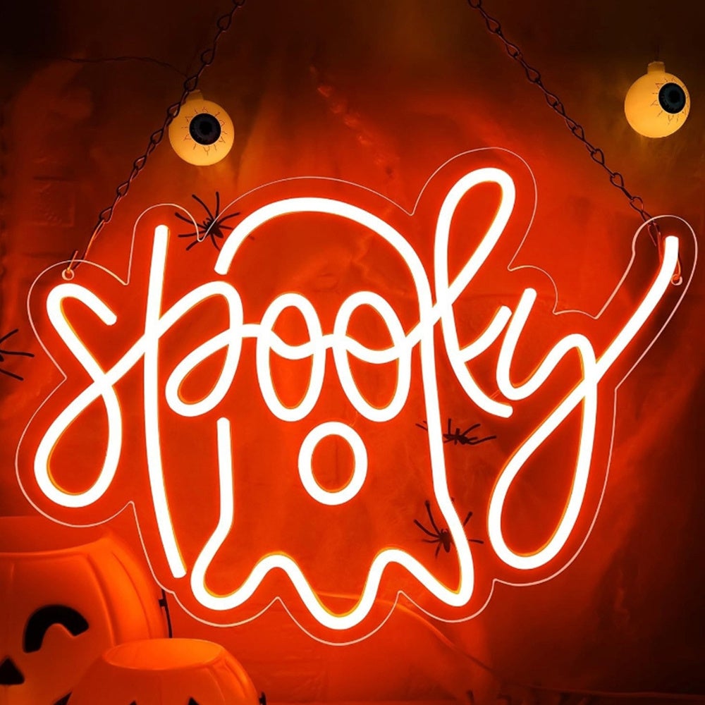 Neon w kształcie ducha na Halloween, podświetlany pomarańczowy duch, dekoracja ścienna na Halloween, do kuchni, baru, sypialni 37X27CM