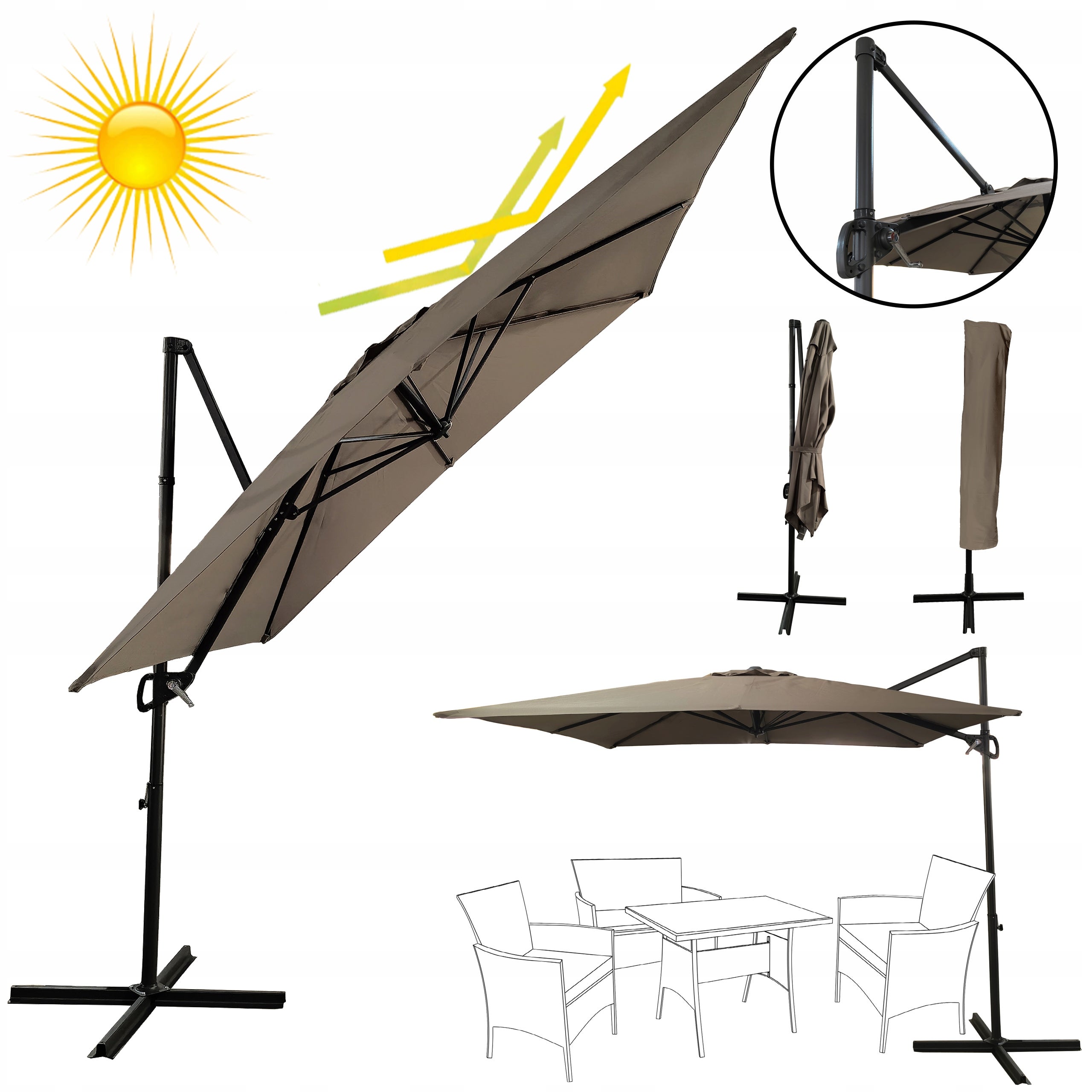 Duży solidny rozkładany regulowany parasol ogrodowy 250cm Seattle beżowy