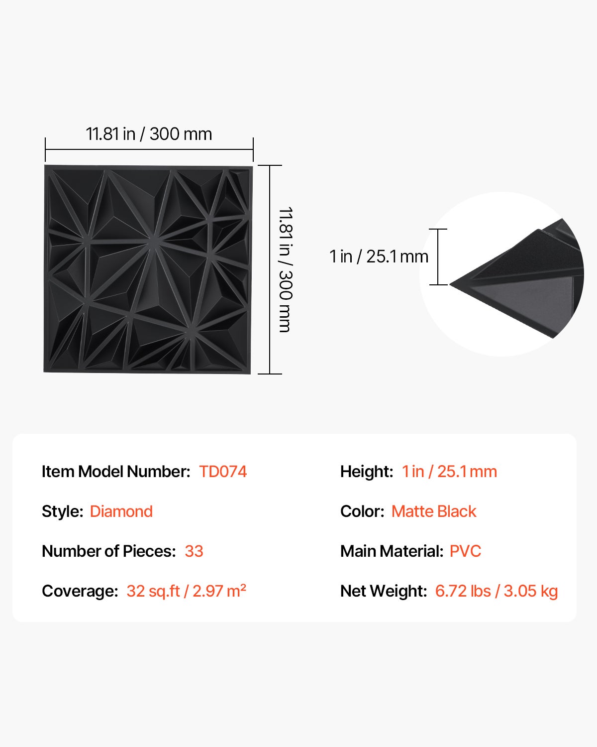 Panneaux muraux VEVOR 3D,33 carreaux diamant PVC 11,81 x 11,81 po,couverture 32 pi²,pour plafond,chambre,salon et salle de jeux,noir mat - 7