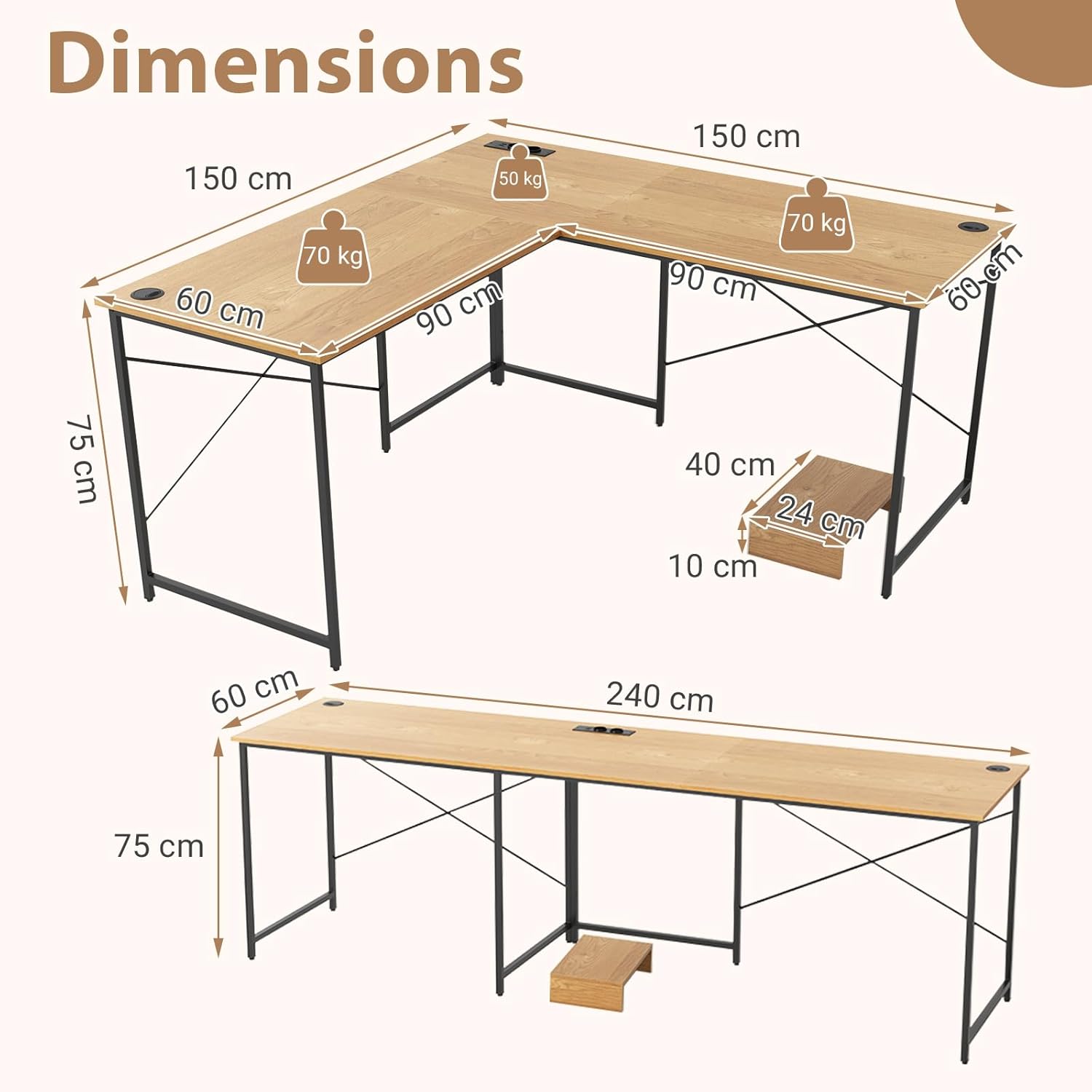 Scrivania Angolare Salvaspazio Reversibile, Scrivania ad Angolo a Forma di L con Presa Integrata, Supporto per Host e Fori per la Gestione dei - 3