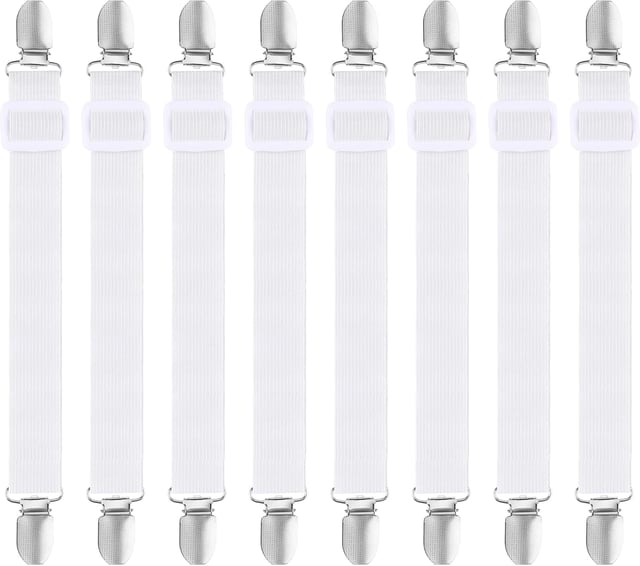 8Pcs Tendeurs de Drap Réglables pour Drap de lit élastiques avec Pinces Métalliques Tendeurs pour Draps Matelas Planche à Repasser White(2.5*130cm)