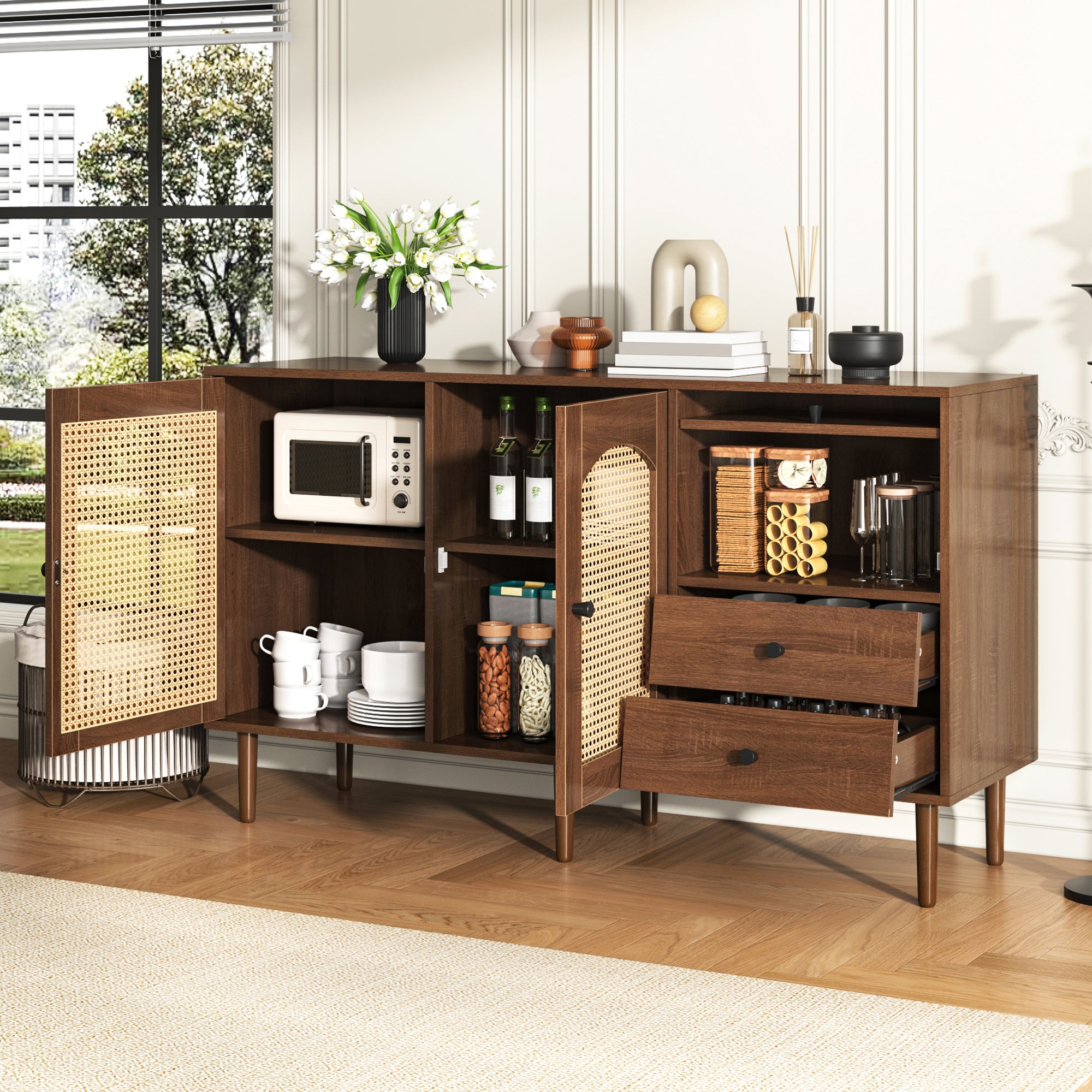 Buffet 130x75,5x40 cm, style rustique, fermeture magnétique, étagères ...
