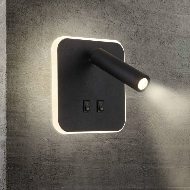 Kinkiet LED do lampek nocnych, hotelowych, do korytarza, z włącznikiem, czarny, 3W + 10W (kwadratowy) [Klasa energetyczna A+]