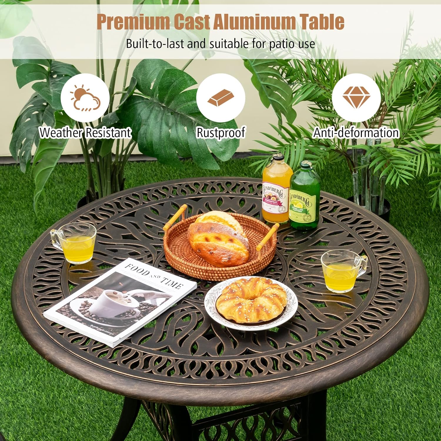 Table de Bistrot en Aluminium avec Trou pour Parasol de 5 CM, Table de Jardin Ronde avec Patins Réglables, Style Rétro, Convient pour Terrasse - 3