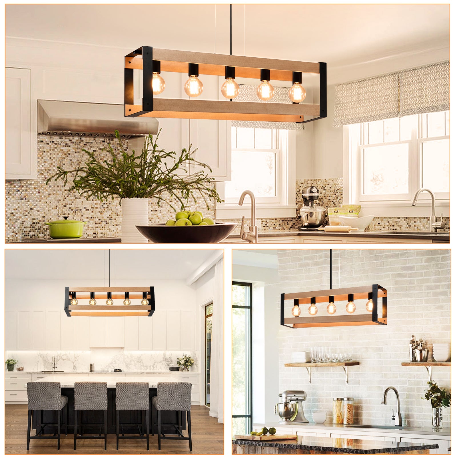 NETTLIFE Suspension lampe de salle à manger vintage en bois noire E27 5 flammes table à manger industrielle - 2