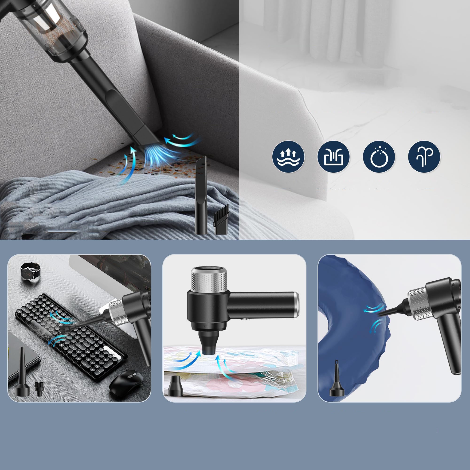 Aspirapolvere portatile, piccolo aspirapolvere, nero e argento, standard 6500PA+1 elemento filtrante - 5