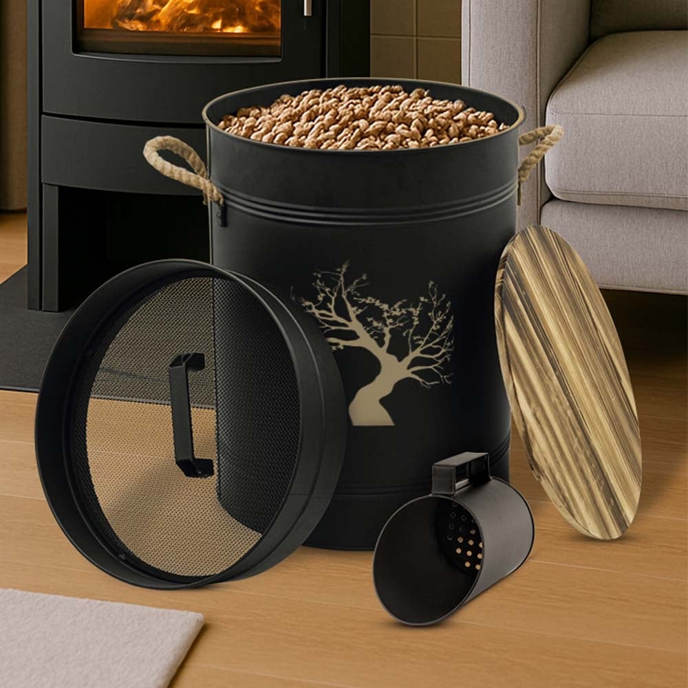 Réservoir à granulés 51 L acier noir - Ø 37 x H 48 cm - Avec tamis et pelle - 6