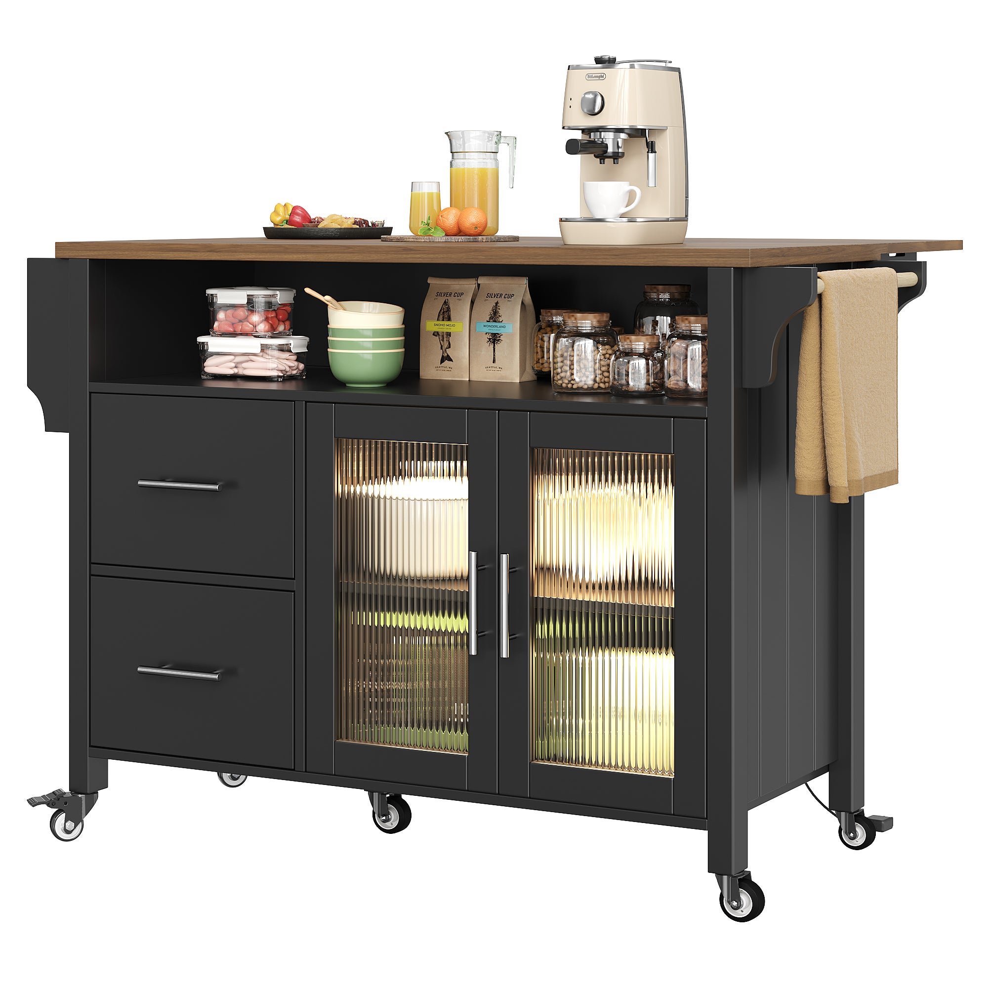 Isla de cocina móvil - encimera extensible - con LED - 2 cajones y 2 puertas - con toallero - MDF - negro + natural - 6