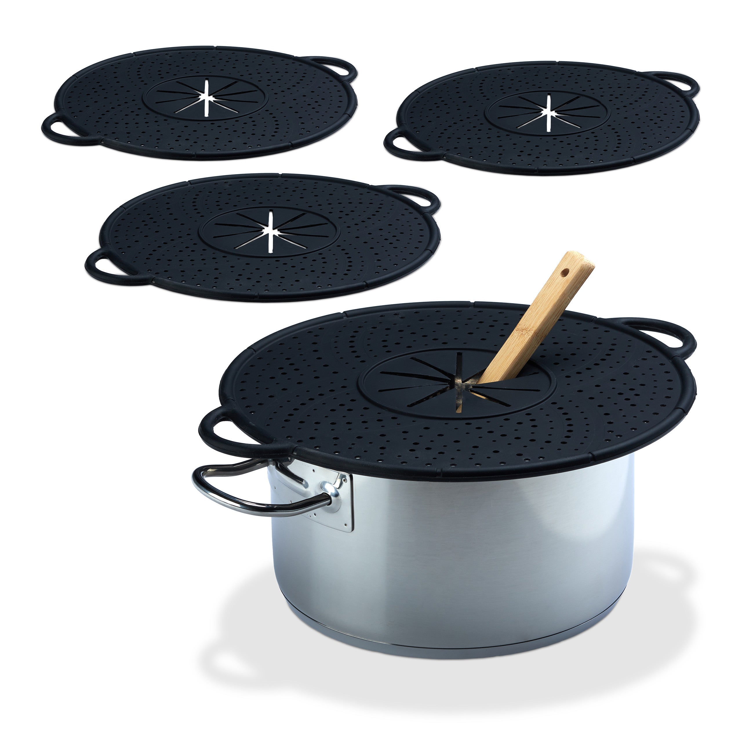 4 tapas antisalpicaduras, vaporera silicona, salvamanteles para ollas, resistente al calor, 30 cm, negro