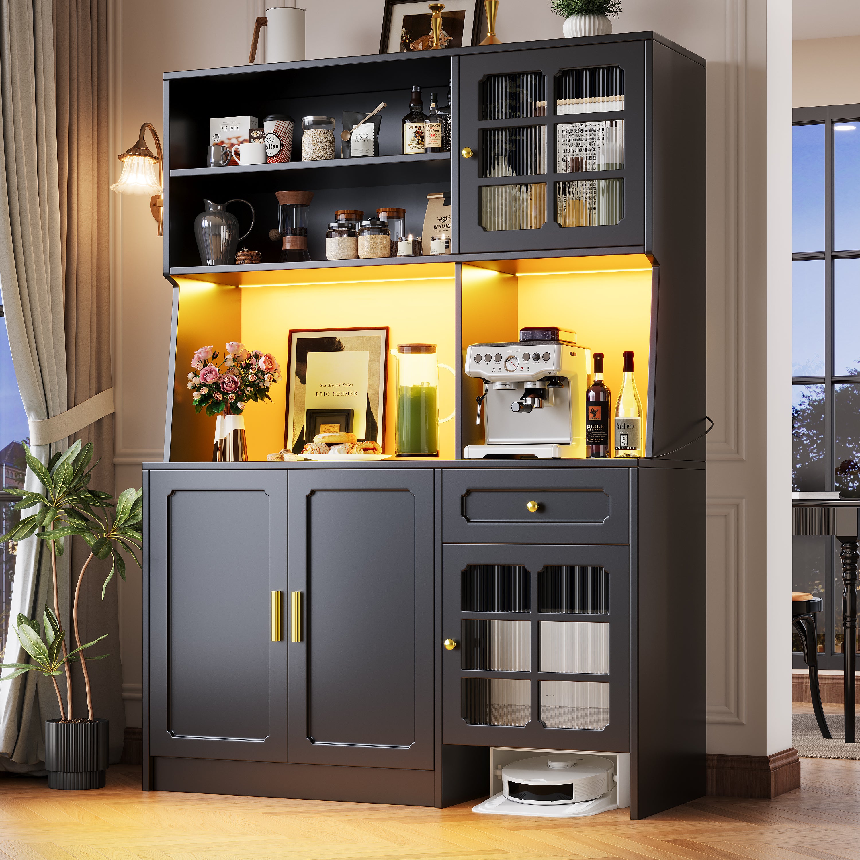 Buffet de cuisine avec 4 portes et 1 tiroir, vitrine - 130 x 45 x 180 cm - LEDs - MDF et verre - Noir - 2