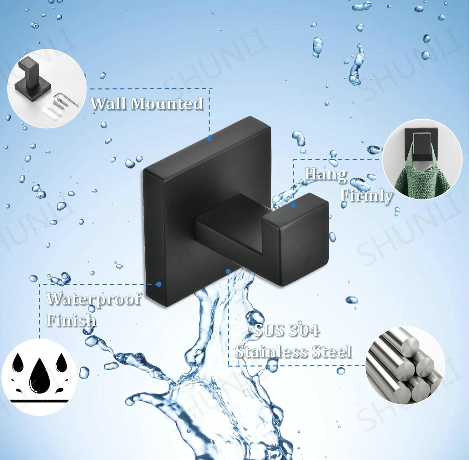 2 Pièces Crochet de Salle de Bain Noir, Crochet Mural Home Patère à Crochets, Crochet en Acier Inoxydable - 2