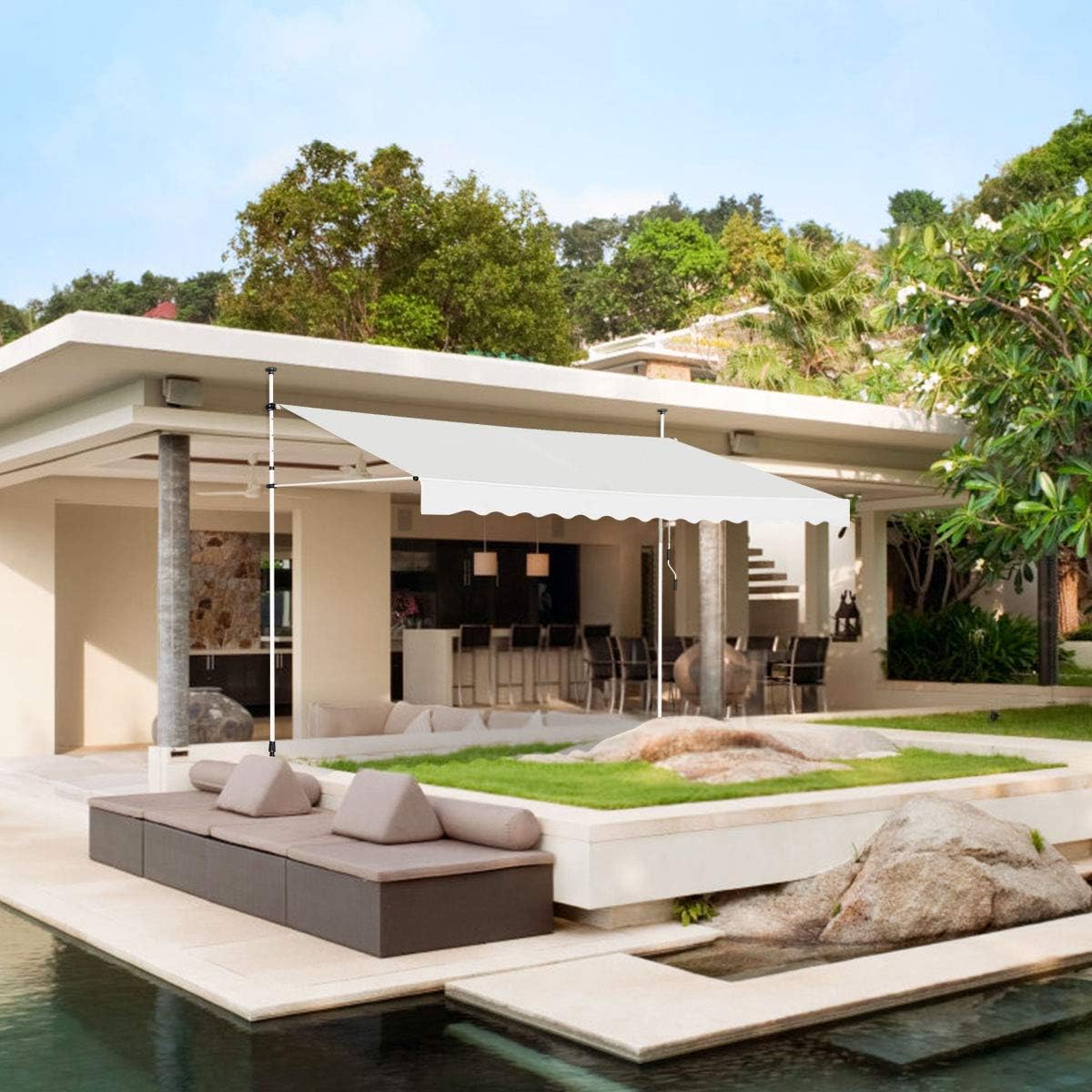 Store Banne Manuel Rétractable, Auvent Balcon Terrasse Rétractable sans Percage, Hauteur Réglable 2-3M, 3,5x1,75M, Beige - 5