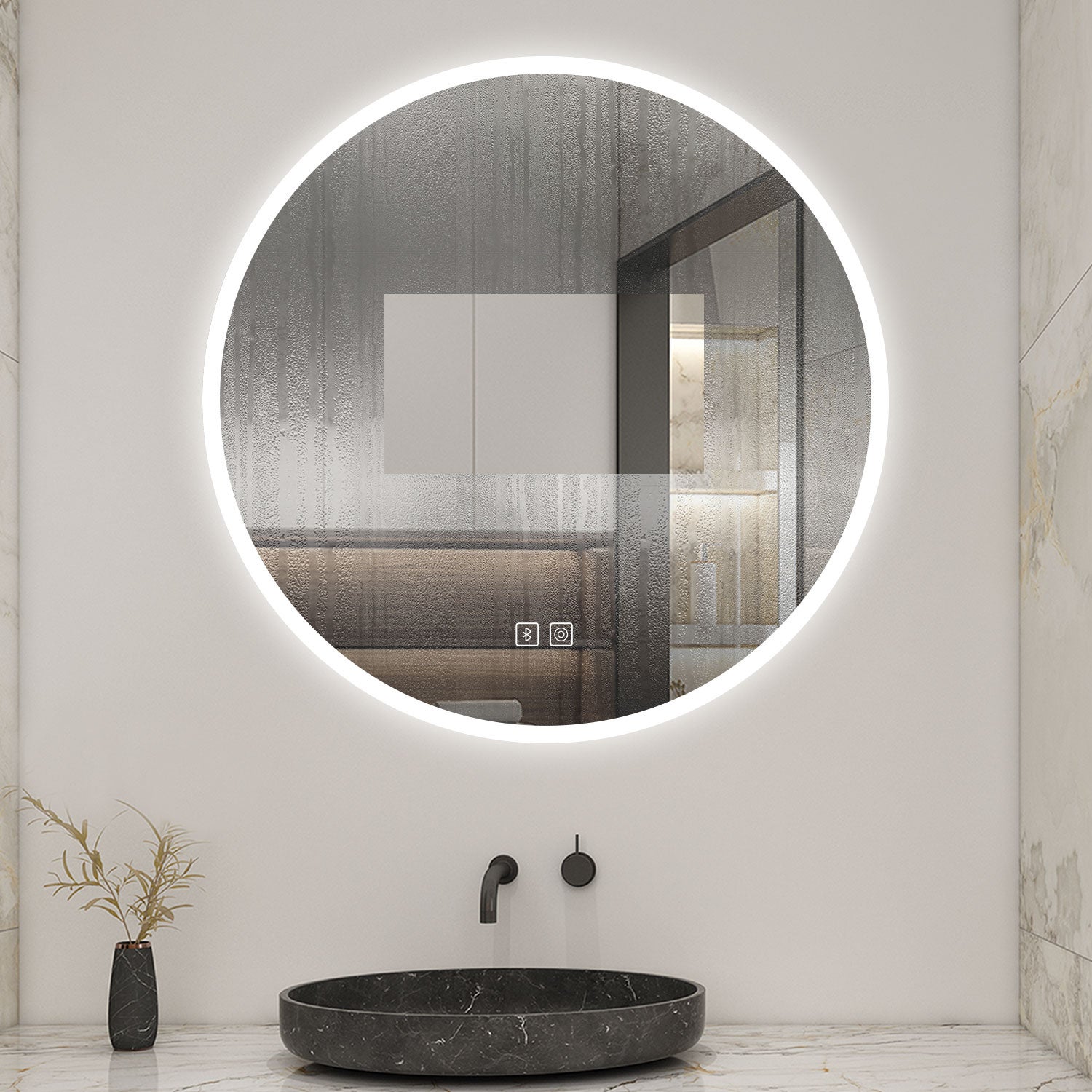 AICA Miroir lumineux rond 60cm, bluetooth + 3 couleurs + dimmable + anti-buée + mémoire, miroir salle de bain mural - 6