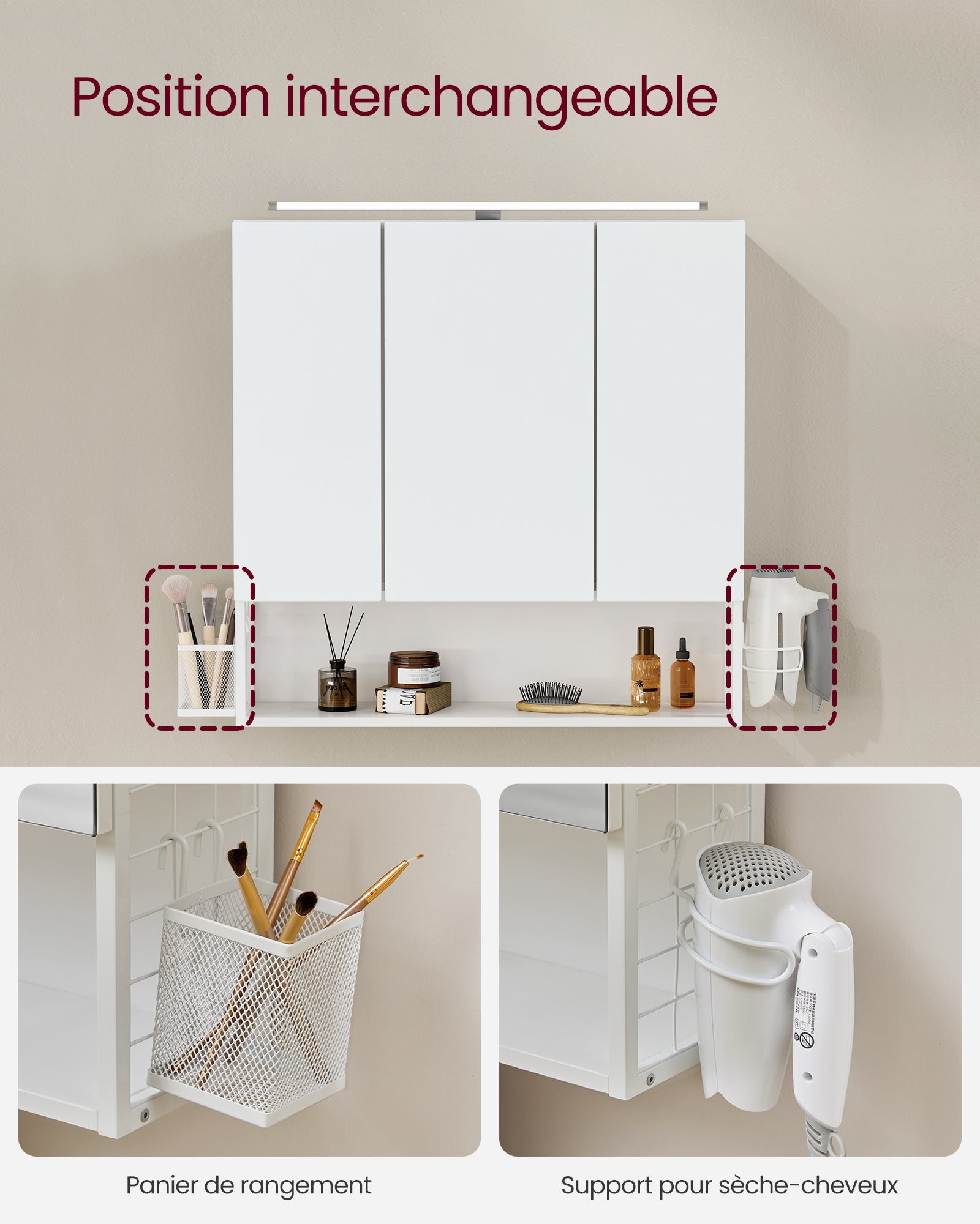 Armoire Murale avec Miroir, avec Lampe LED, avec Câble, Placard 3 Portes, Étagère Réglable, Porte Sèche-Cheveux, Pot, Moderne Chic, Blanc - 4