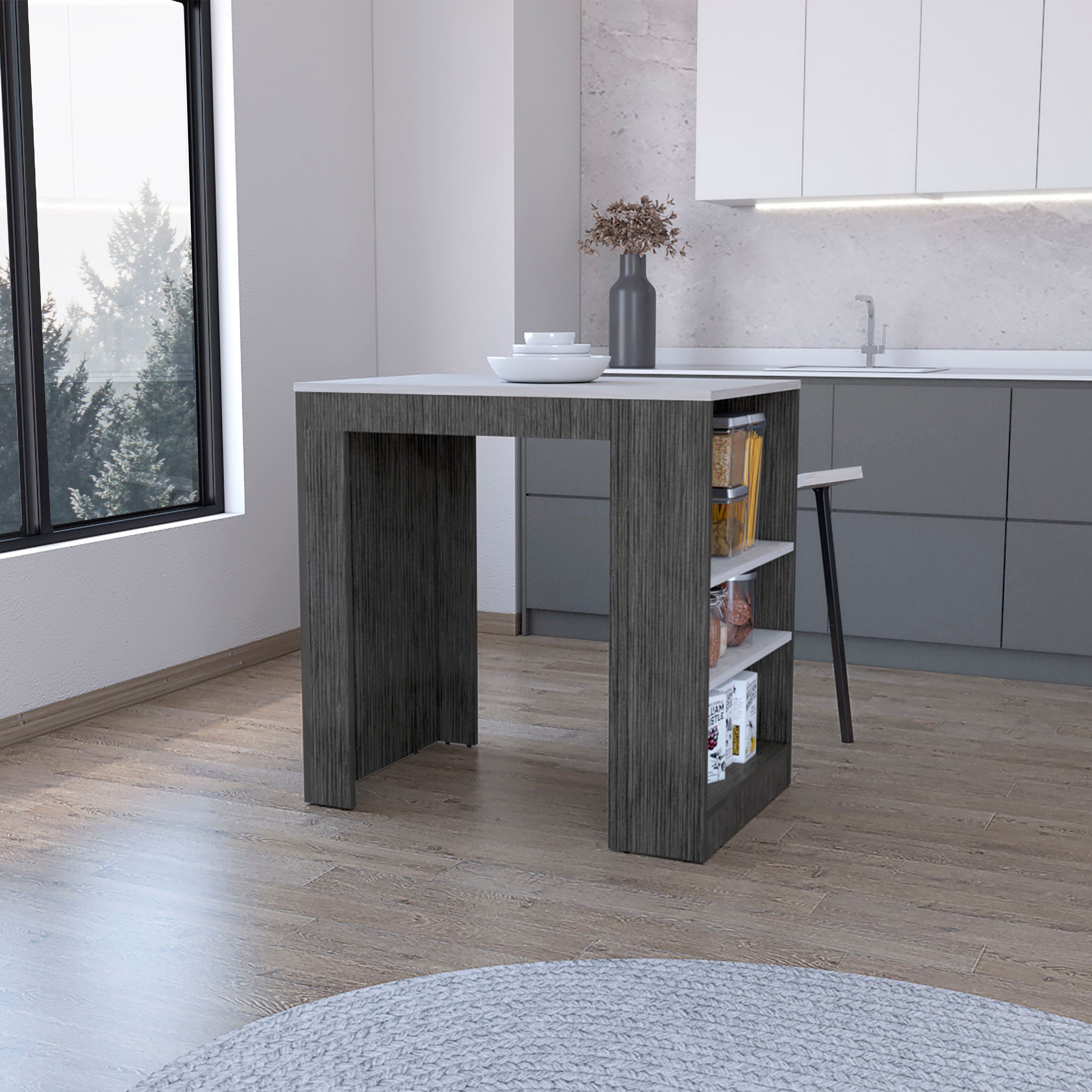 Tuhome isla de cocina harlan, superficie a altura de mostrador con 3 estantes laterales, roble ahumado / mármol ibiza