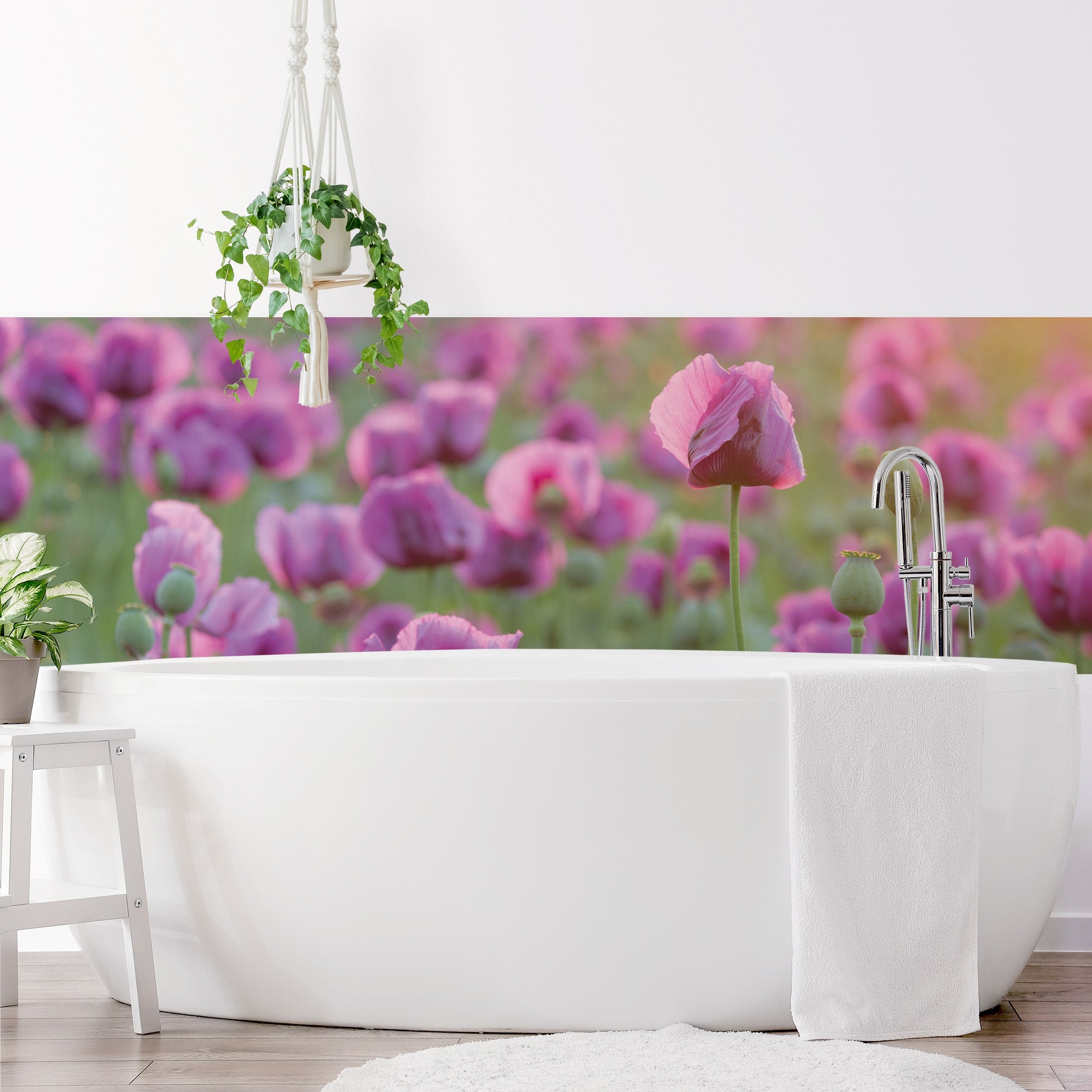 Panneau mural pour salle de bain - Prairie de fleurs de pavot violet au printemps 230 x 65 cm - 3