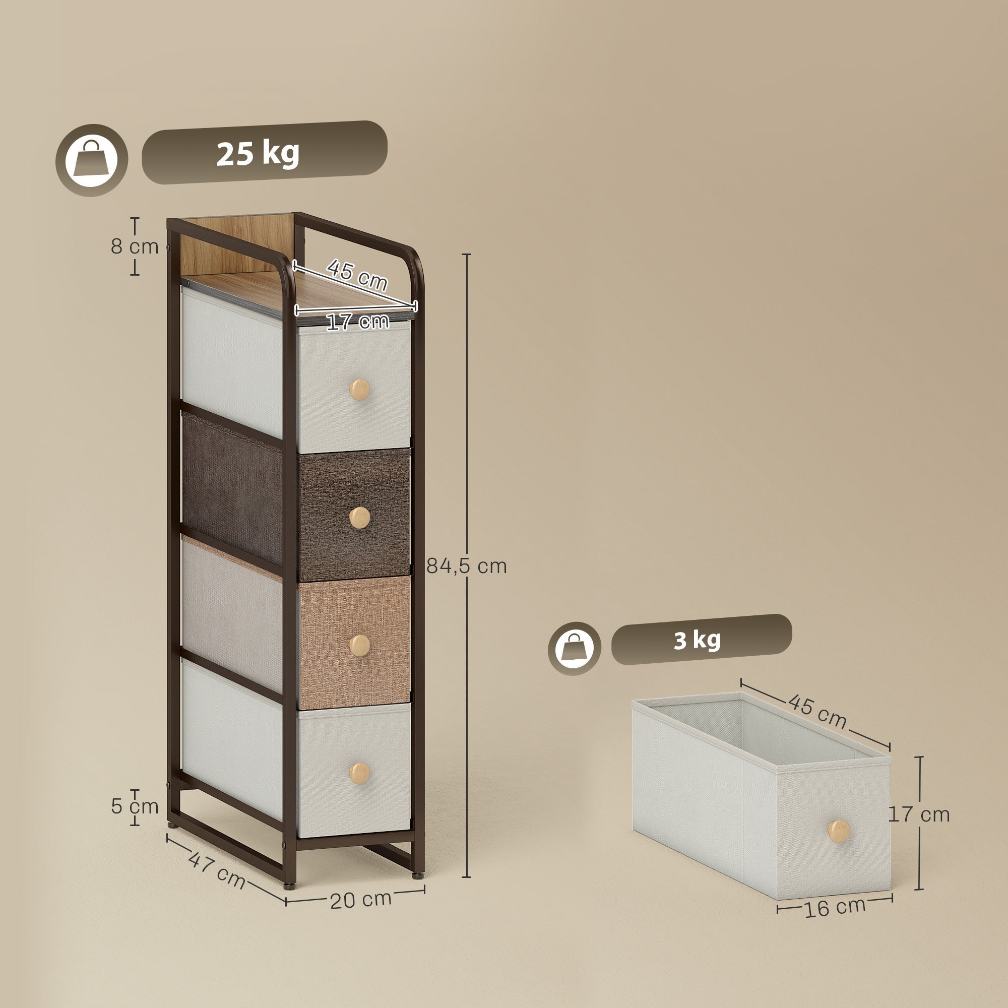 Commode étroite à 4 tiroirs pliables en tissu, structure métallique ...