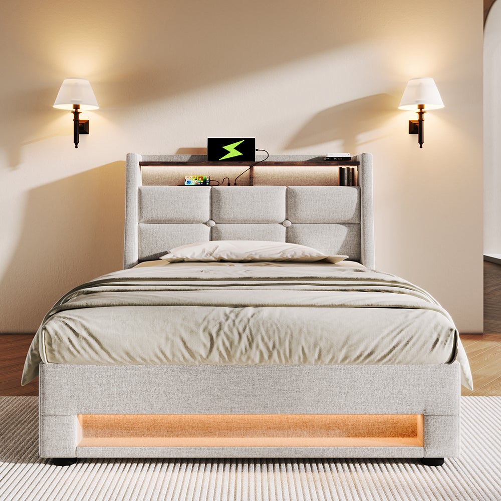 Lit coffre 90x200 cm Lit rembourré avec USB Lit simple LED avec sommier à lattes métalliques pour adolescents Sans matelas Beige - 2