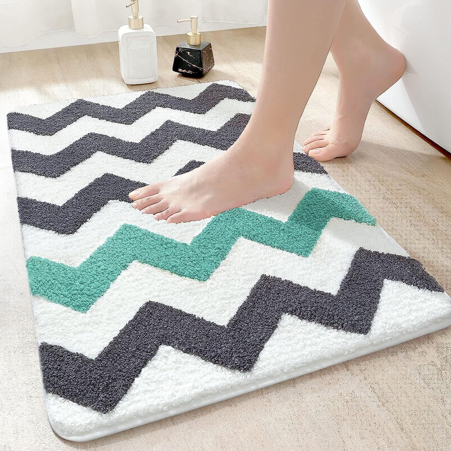 40 x 60 cm Mata łazienkowa antypoślizgowa z wzorem falistym - zielono-szara, ultramiękka mata łazienkowa, nadaje się do prania w pralce