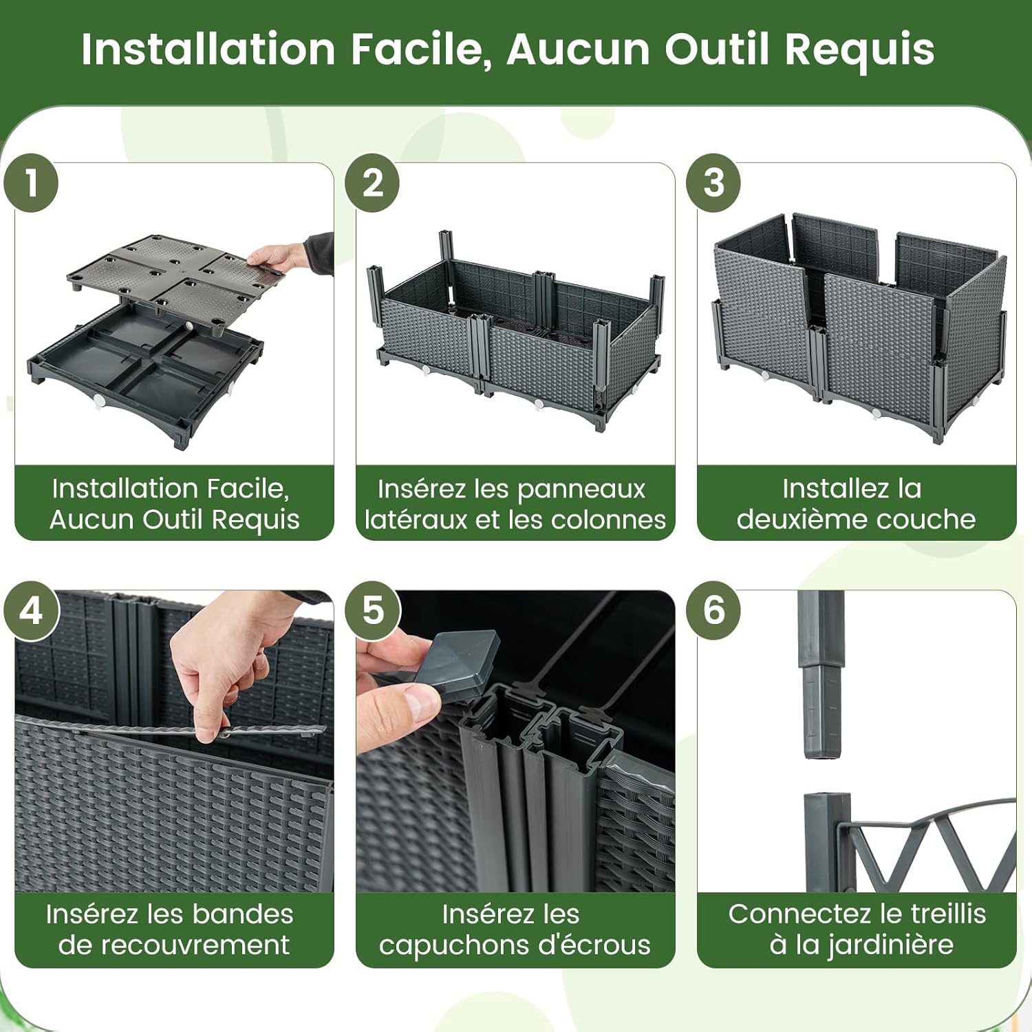 Jardinière avec Treillis sur Pied, Double Bac de Plantation Auto-arrosage en Rotin PP avec Trou de Drainage, Fleurs, Gris, 80 x 40 x 140 cm - 7