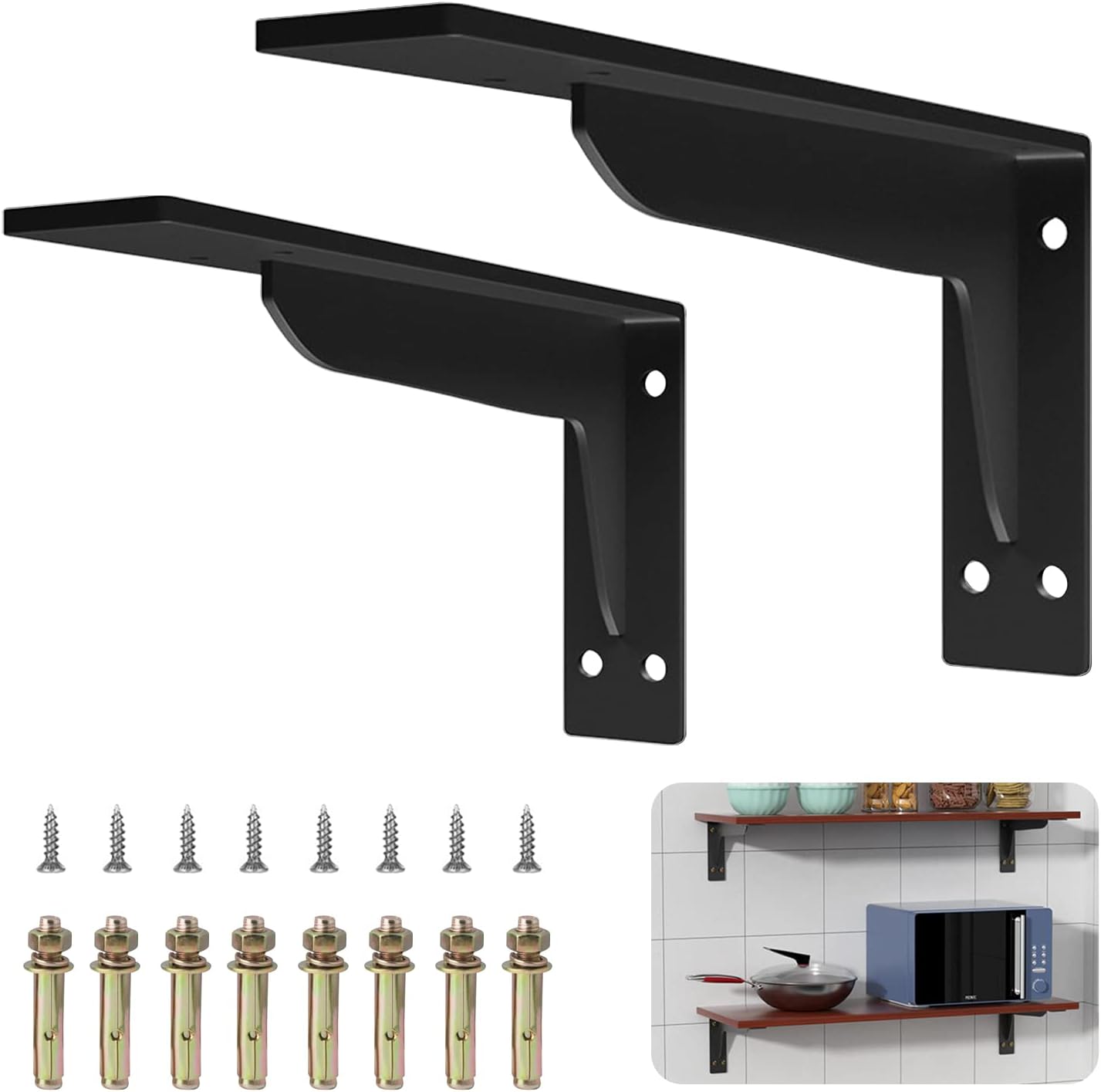 2 sztuki wytrzymałych metalowych wsporników półek w kształcie litery L, trójkątnych, montowanych na ścianie, czarnych, 30 cm